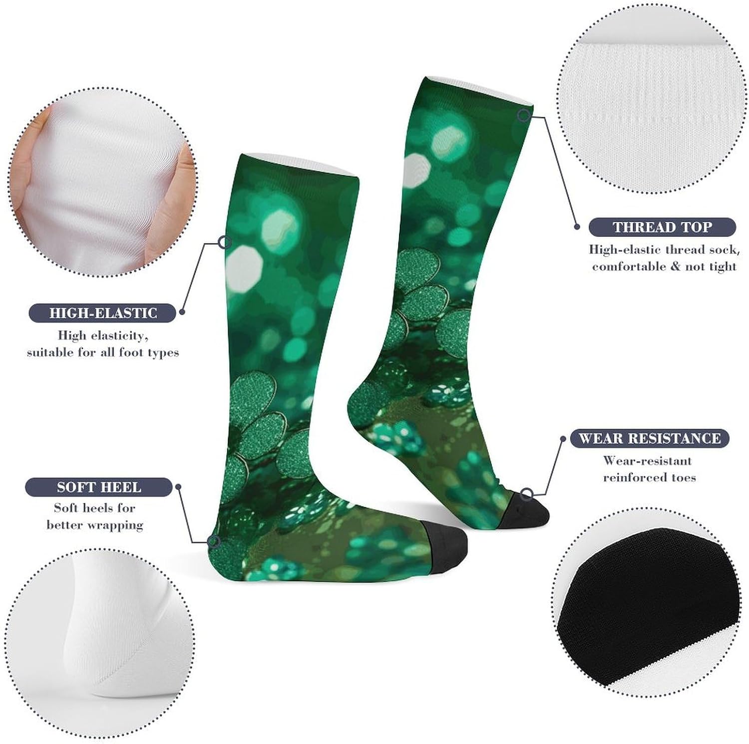 Green Sparkly Spring Compression Socks for Women Men Comfort Over The Calf Socks Moisture Wicking Breathable Athletic Sock