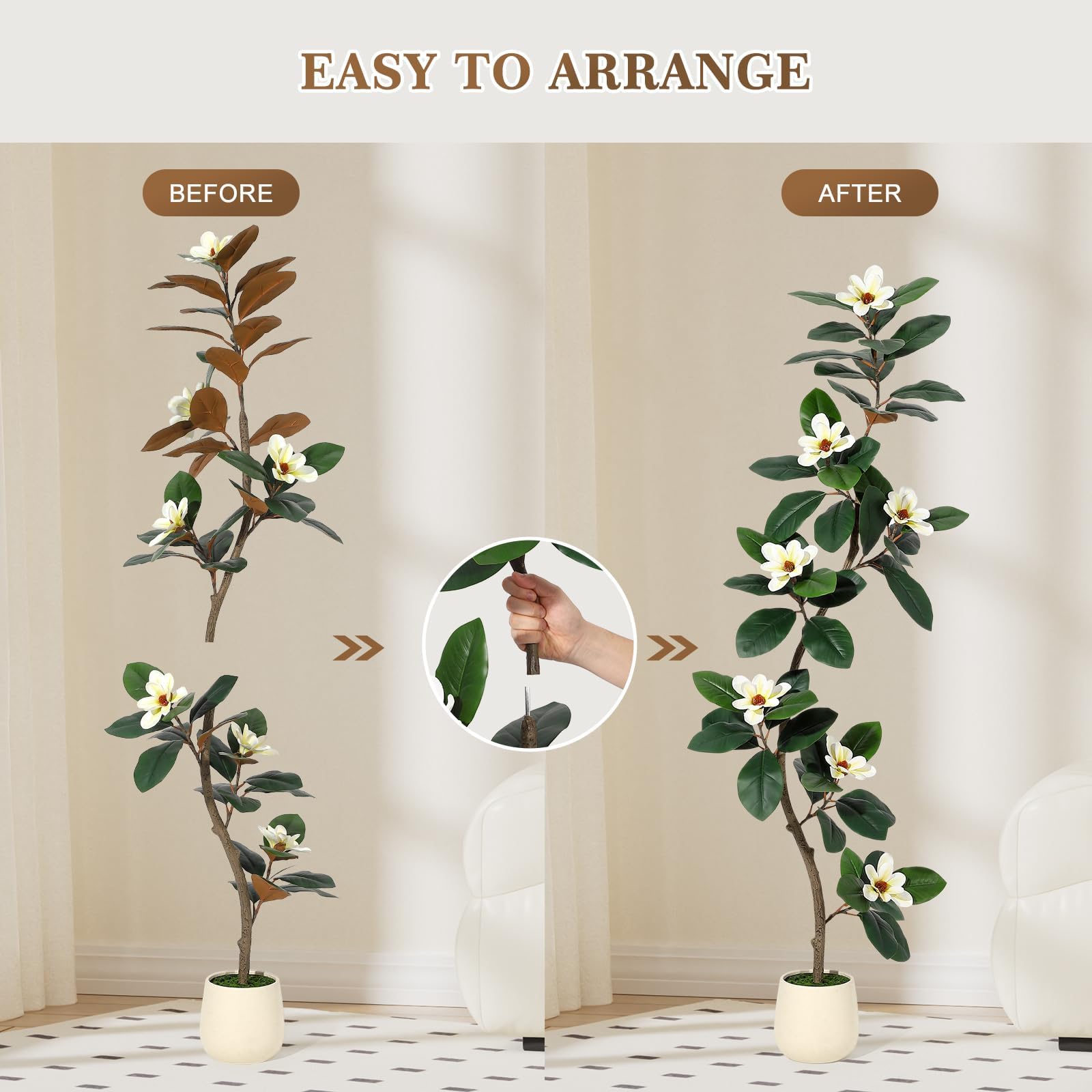 GarveeHome Künstlicher Magnolienbaum – 180 cm Hohe Kunstpflanze in Weißem Pflanzkübel – Große Künstliche Pflanzen Mit 7 Magnolienblüten Für Zuhause, Büro Und Wohnzimmerdekoration