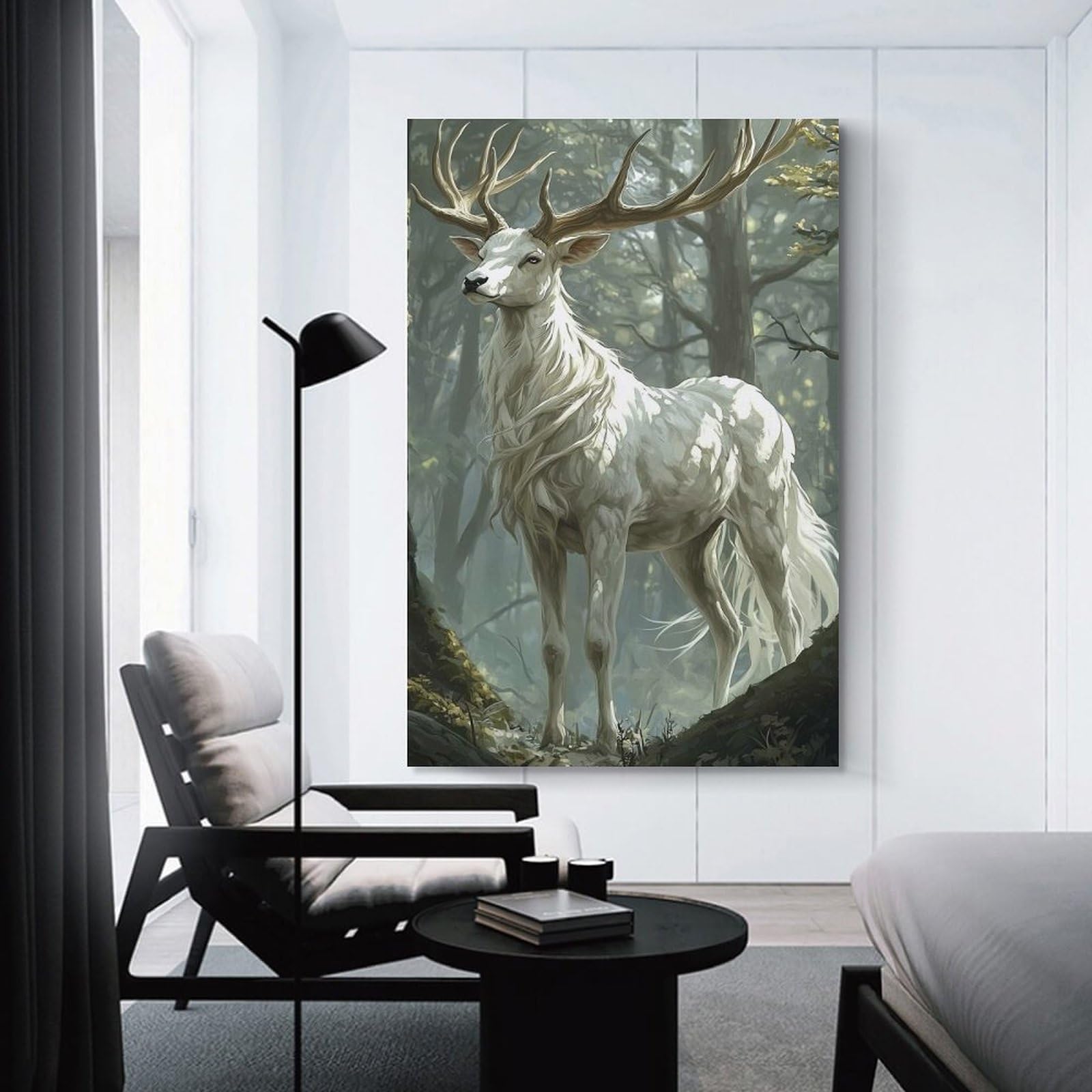 Junmoney Unframe-Style-23 White Stag In Forest Hanging Wall Art, 24X36inch(60X90cm), For Entrance Walls, Hall Decor Or Foyers, Wall Decor To Refresh Empty Corners