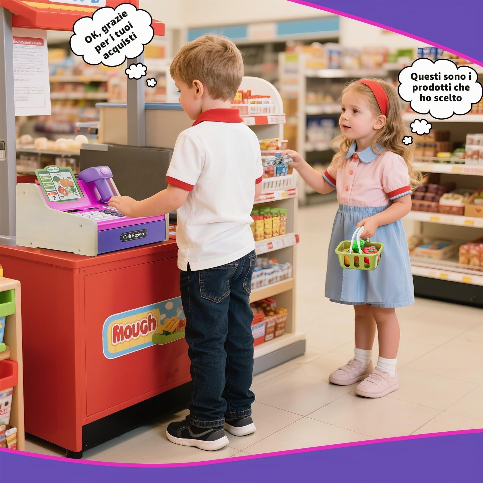 HYES Registratore di Cassa Giocattolo in Legno per Bambini con Scanner, Calcolatrice Reale, Giocattoli Soldi / Monete / Carta di Credito / Cesto Della Spesa, Giochi Regalo per Ragazzi Ragazze, Rosa