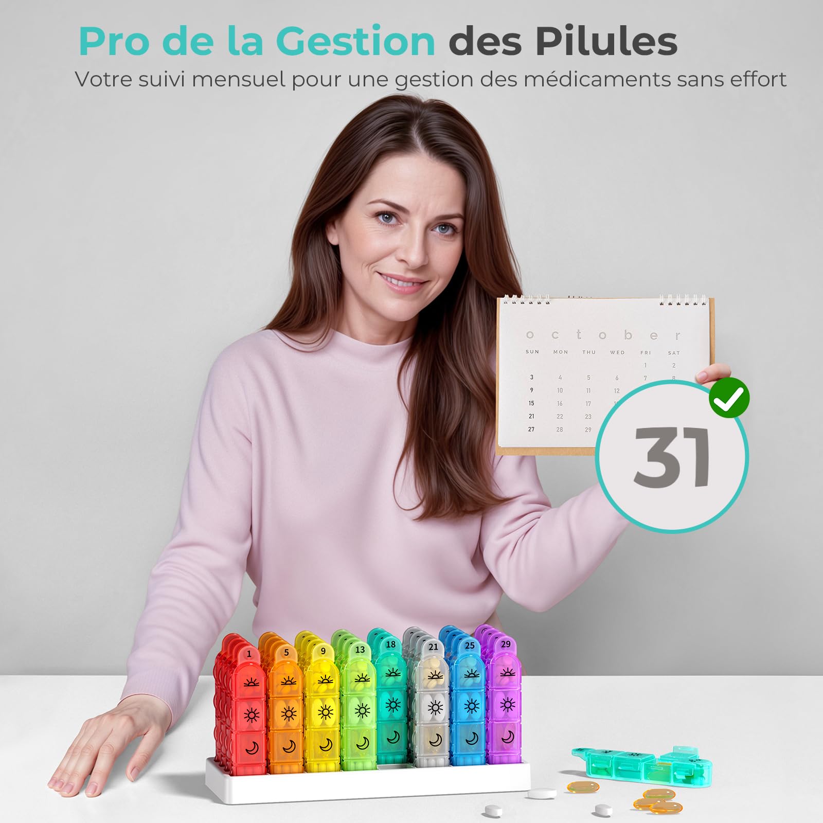 Colorwing Pilulier Mensuel 32 Jours - Pilules 4 Fois | Modèle avec motif, facile à saisir, facile à ouvrir et amovible individuellement