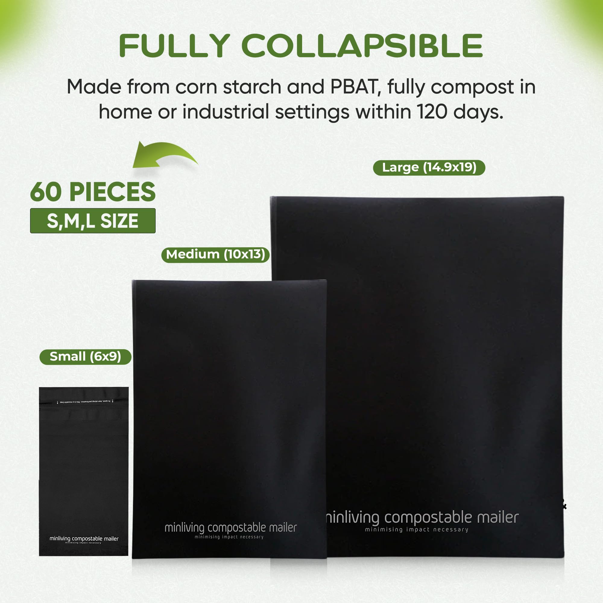 100% compostabile biodegradabile spedizioni postali (20 pezzi 15,2 x 22,9 cm, 20 pezzi 25,4 x 33 cm, 20 buste da 37,8 x 48,3 cm), buste per imballaggio ecologiche