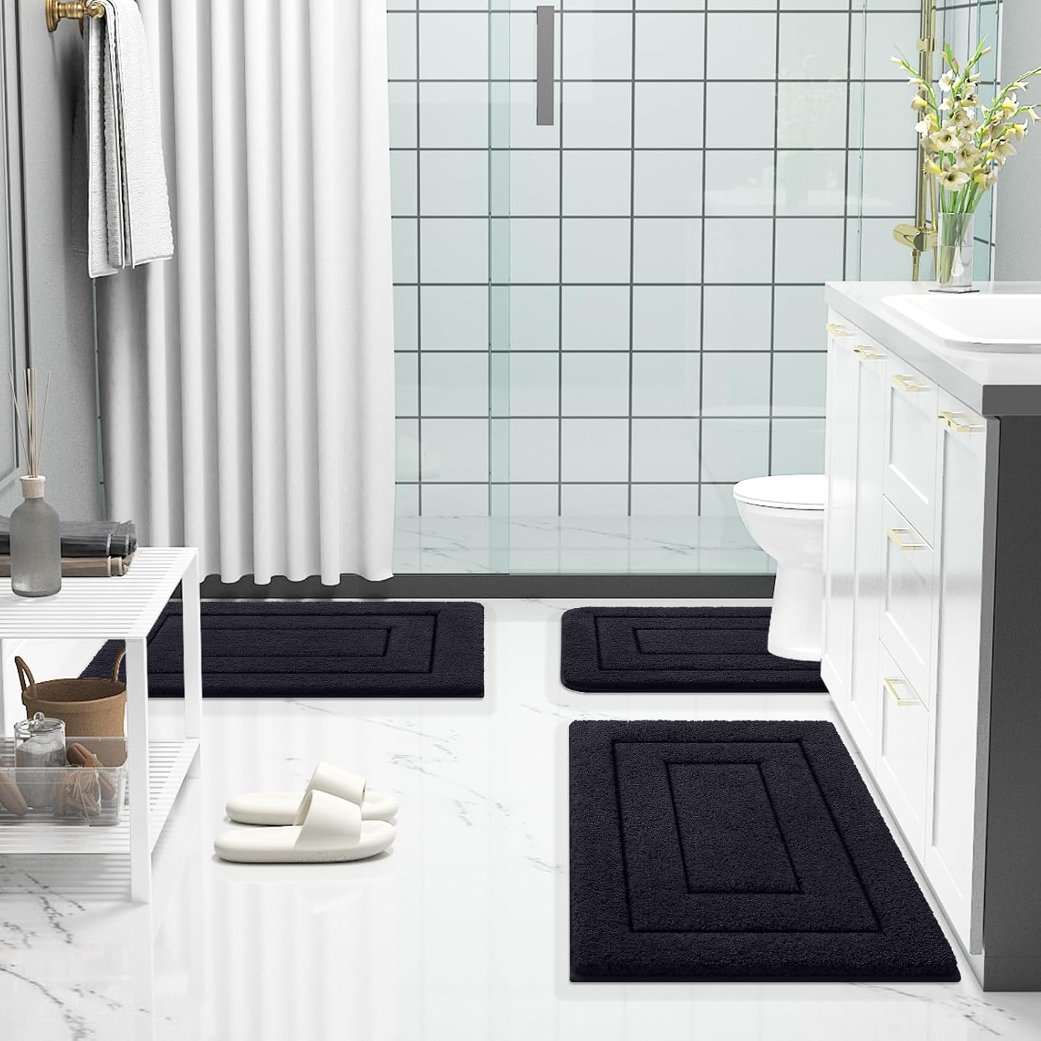 Buganda Bathroom Rugs, 30" x 20", Soft and Absorbent Microfiber Bath Rugs, Non-Slip Shaggy Shower Carpet, Machine Wash Dry Bath Mats for Bathroom Floor, Tub and Shower, Black