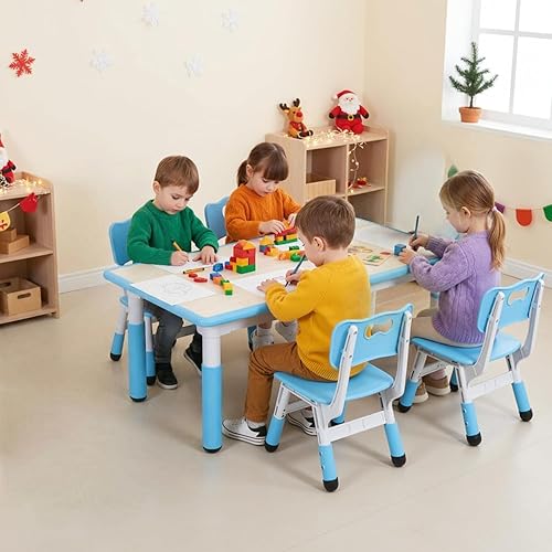 Miniatura 24 de Arlopu Juego de mesa y 4 sillas para niños, juego de mesa y sillas para niños pequeños, patas antideslizantes, escritorio de graffiti, mesa de Verde