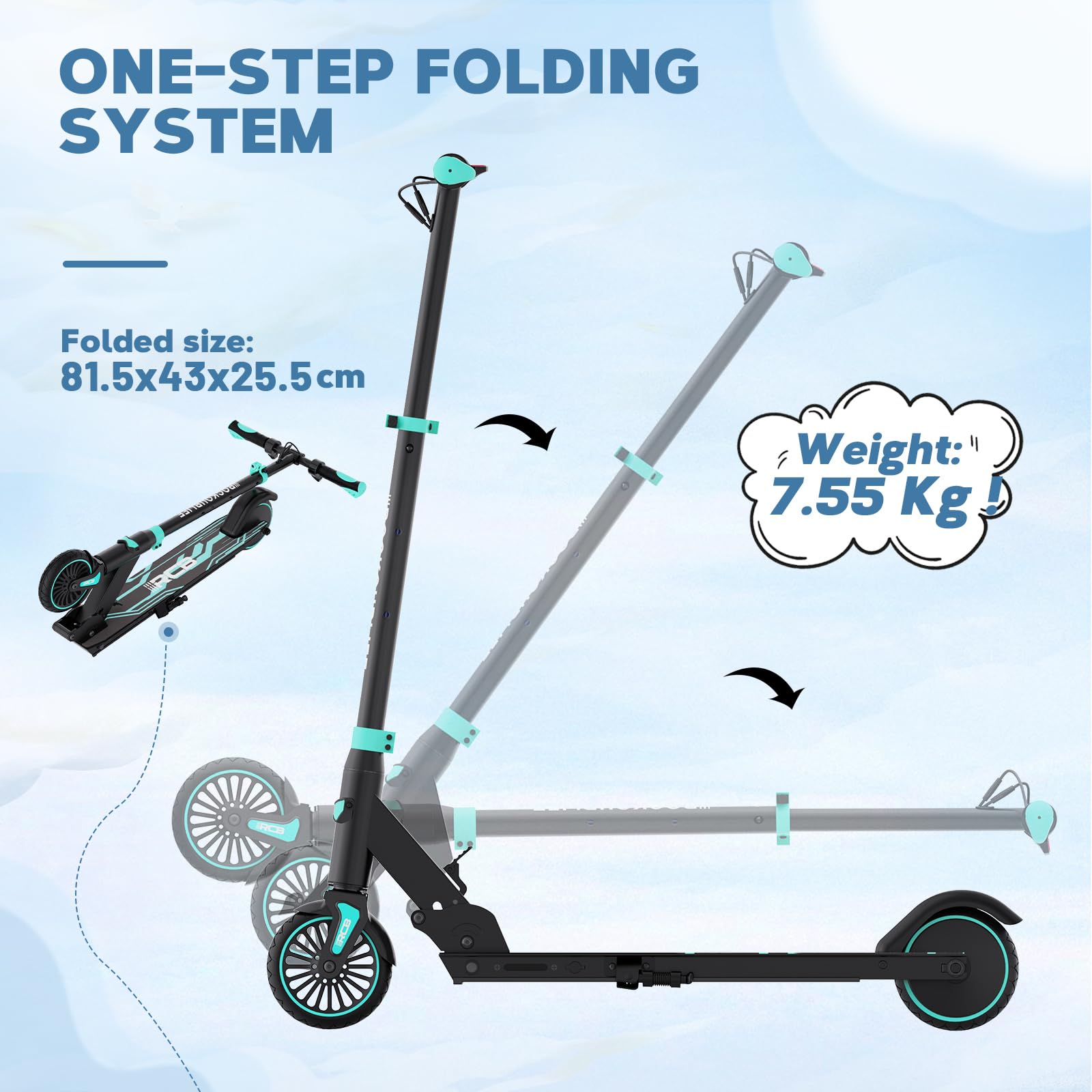 RCB R15 Elektroroller Kinder ab 8-12-16 Jahre, Faltbarer E Scooter, Max 20km/h, Reichweite 16KM, Nur 7.55kg, 3 Höhenstufen einstellbar,250W Motor, 5.5" Kinder E-Roller