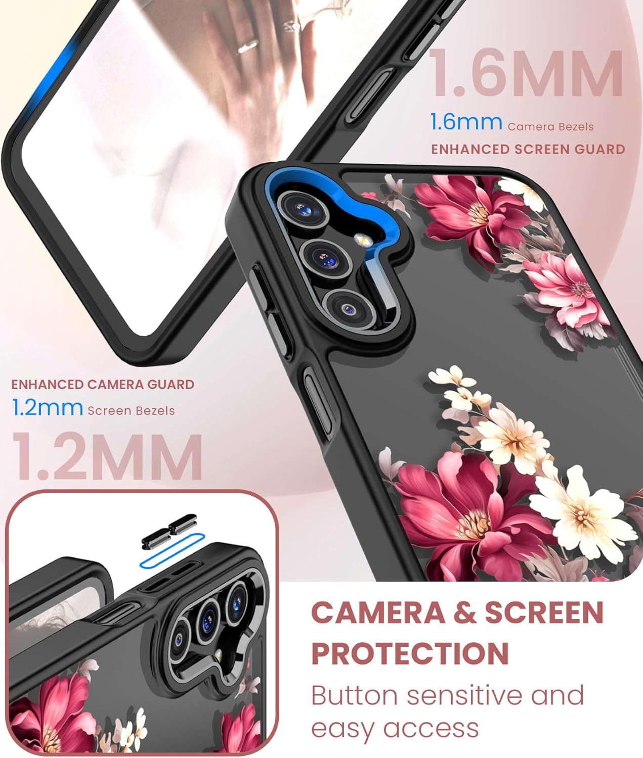 for Samsung Galaxy A25 5G Case Tempered Glass Screen Protector,Military Grade Protective Slim Soft TPU & Hard PC,Girls Women Crystal Clear Flower Pattern Case Cover for A25 5G-Black