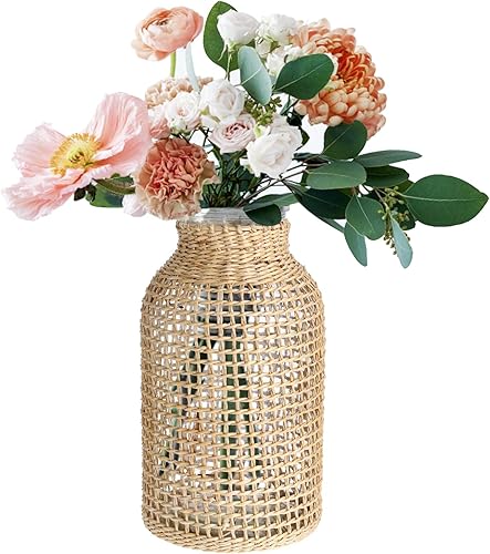 Cabilcok - Florero de vidrio tejido con paja, cubierta de ratán, botella de cristal de flores, estilo rústico jarrón decorativo para decoración del