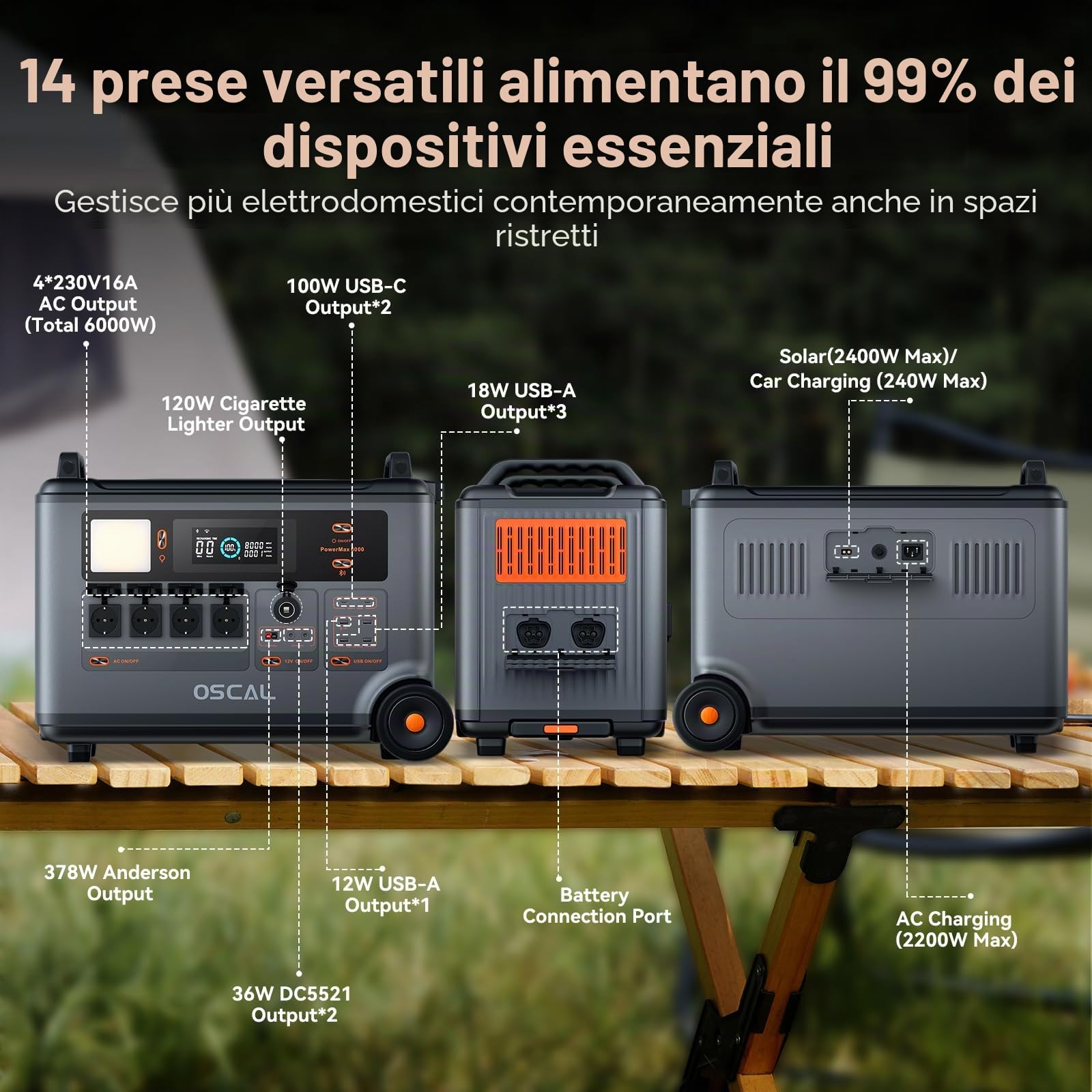 OSCAL Power 6000 Centrale Elettrica Portatile con Batteria LFP da 3600Wh, 6000W AC Uscita (9000W Picco), 0-80% in 55 Minuti, UPS <5ms per Campeggio e Camper, con pannello solare 200W