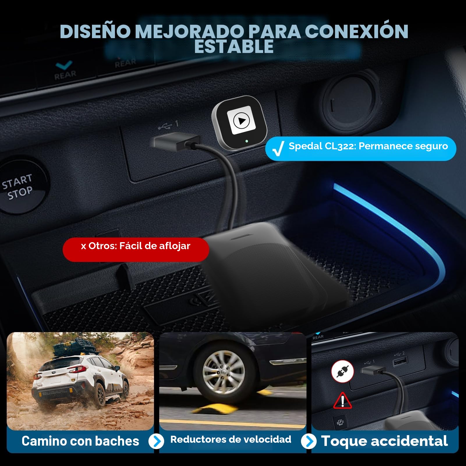 Spedal CL322 Adaptador Inalámbrico CarPlay y Android Auto, Mini USB CarPlay, Convierte Cableado a Inalámbrico, Plug & Play, Reconexión Automática, Compatible con iPhone 6+/Android 11+ (Coches 2016+)