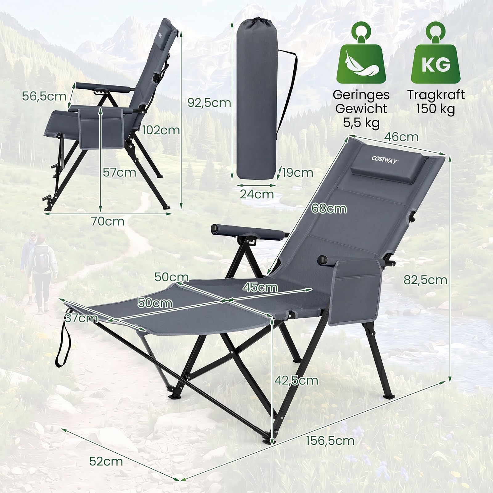 COSTWAY Campingstuhl mit Fußablage, klappbarer Liegestuhl (Grau) | 4-fach verstellbare Rückenlehne, Kopfstütze & Seitentasche, Hochlehner Gartenstuhl, Strandstuhl, Klappstuhl für Camping