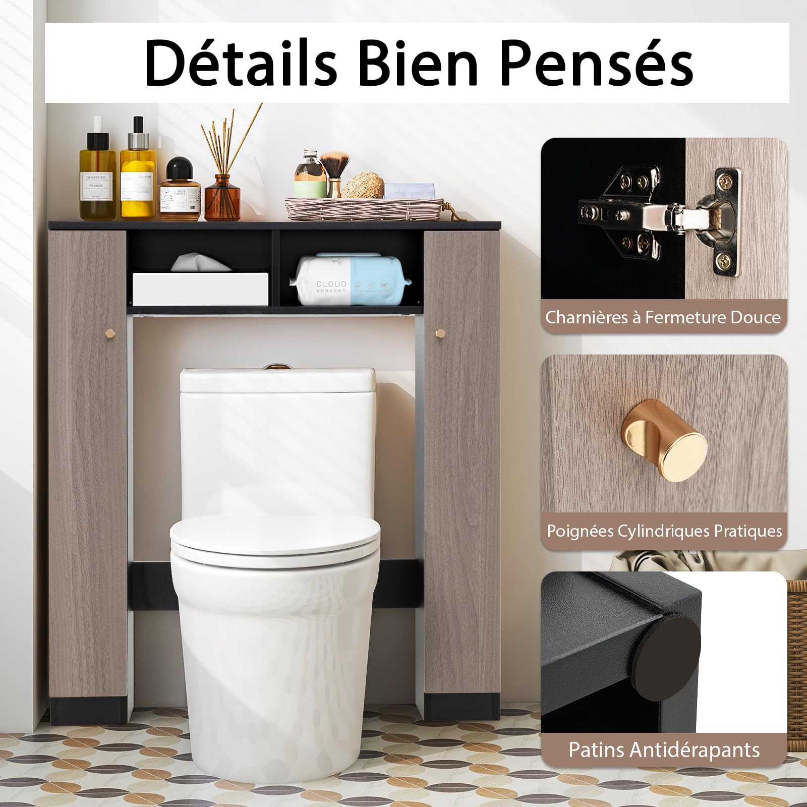 COSTWAY Meuble WC Au-Dessus de Toilettes, Meuble de Rangement avec 2 Compartiments Ouverts, 2 Placard avec 4 Étagères Réglables, Dispositif Anti-basculement, 18 x 87,5 x 98 cm (Gris+Noir)