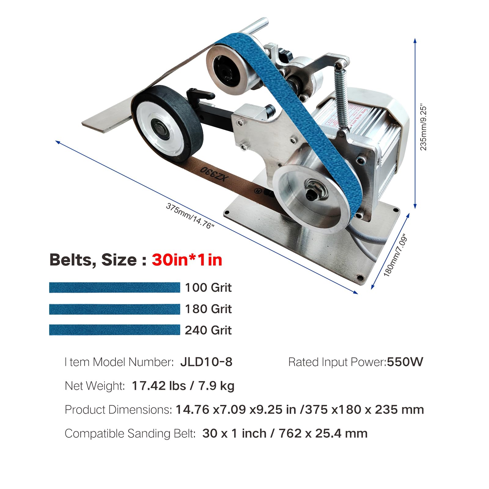 Bandschleifer 550W mit 3 Schleifbändern, 76,2 x 2,5 cm kompatible Bänder, Körnung 100/180/240, Metall Holz Messer Schleifmaschine, Modell JLD10-8