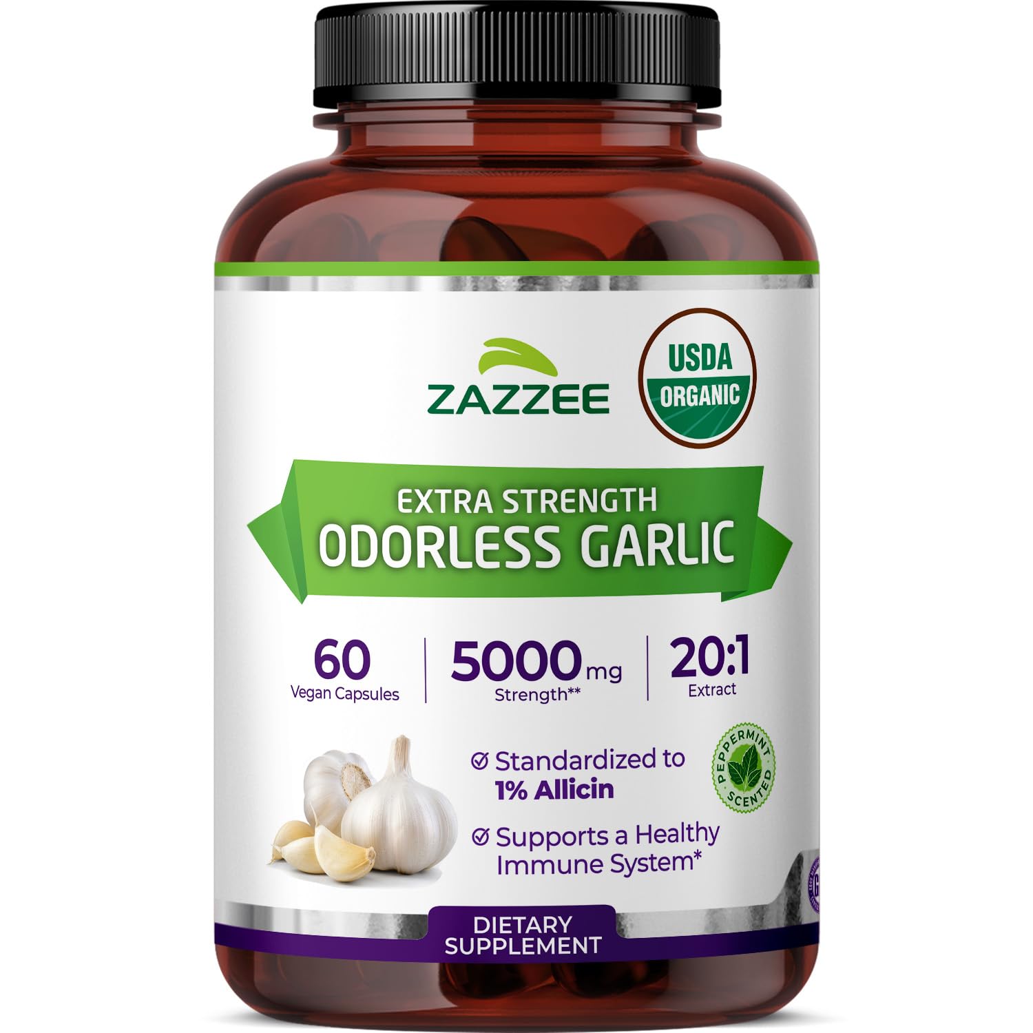 Zazzee USDA Organic Odorless Garlic 20:1 Extract, 1% Allicin, 60 Capsules 60 Count (Pack of 1)