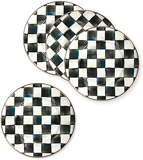 MACKENZIE-CHILDS Enamel Salad and Dessert Plate, Small Plate for a Dessert or Appetizer Dish, 8 Inches, Set of 4, Black-and-White Courtly Check