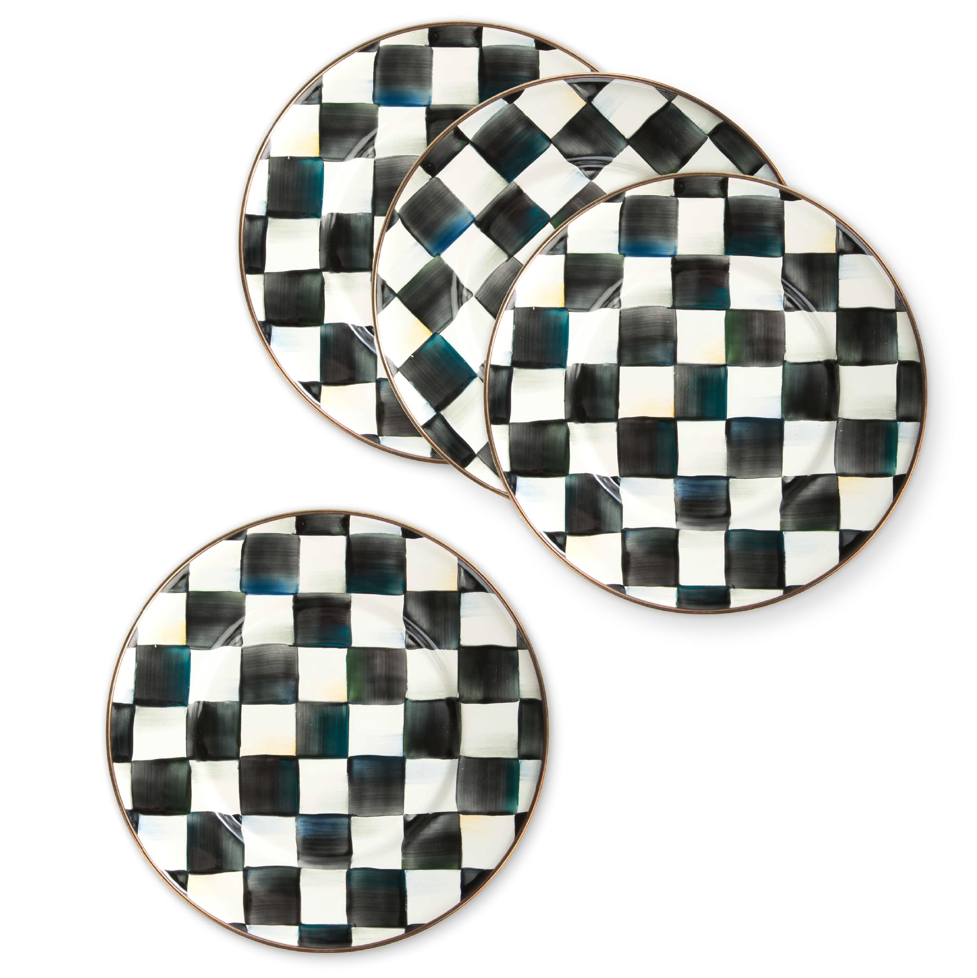 MACKENZIE-CHILDSEnamel Salad and Dessert Plate, Small Plate for a Dessert or Appetizer Dish, 8 Inches, Set of 4, Black-and-White Courtly Check