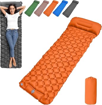 Lounge Mat,Sleeping Pad,Ultralight Inflatable Sleeping Pad for Camping with Pillow Built-in Foot Pump,Extra Thick Compact Camping Mat,Lightweight Portable Car Tent Bed for Outdoor BackpackingOrange