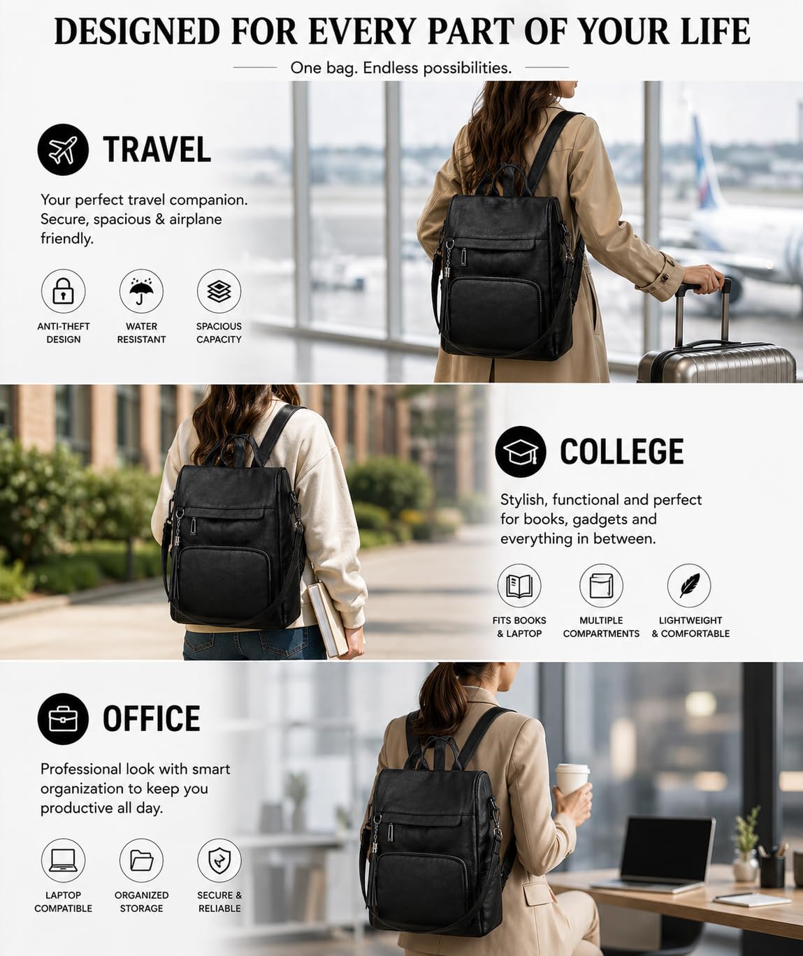 Craftwood Leather Backpack for women | Combo Bags | College and Office use | Direct from Factory| Premium Leather Texture, Black 2