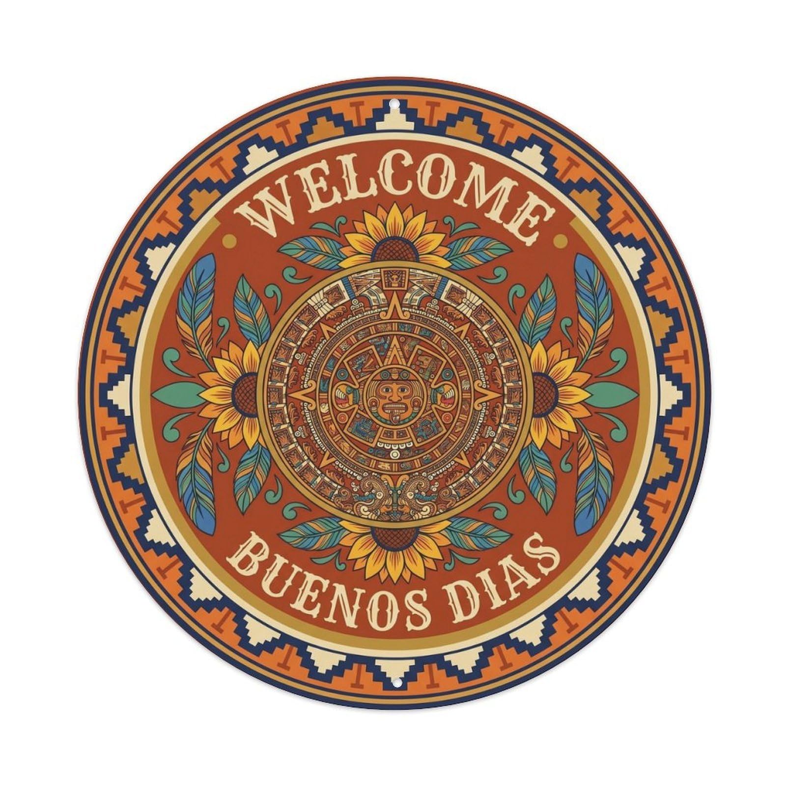 Welcome Aztec Heritage Metal Tin Sign Plaque Wall Decor for Cafe, Club, Garden Round Metal Poster 8x8Inch