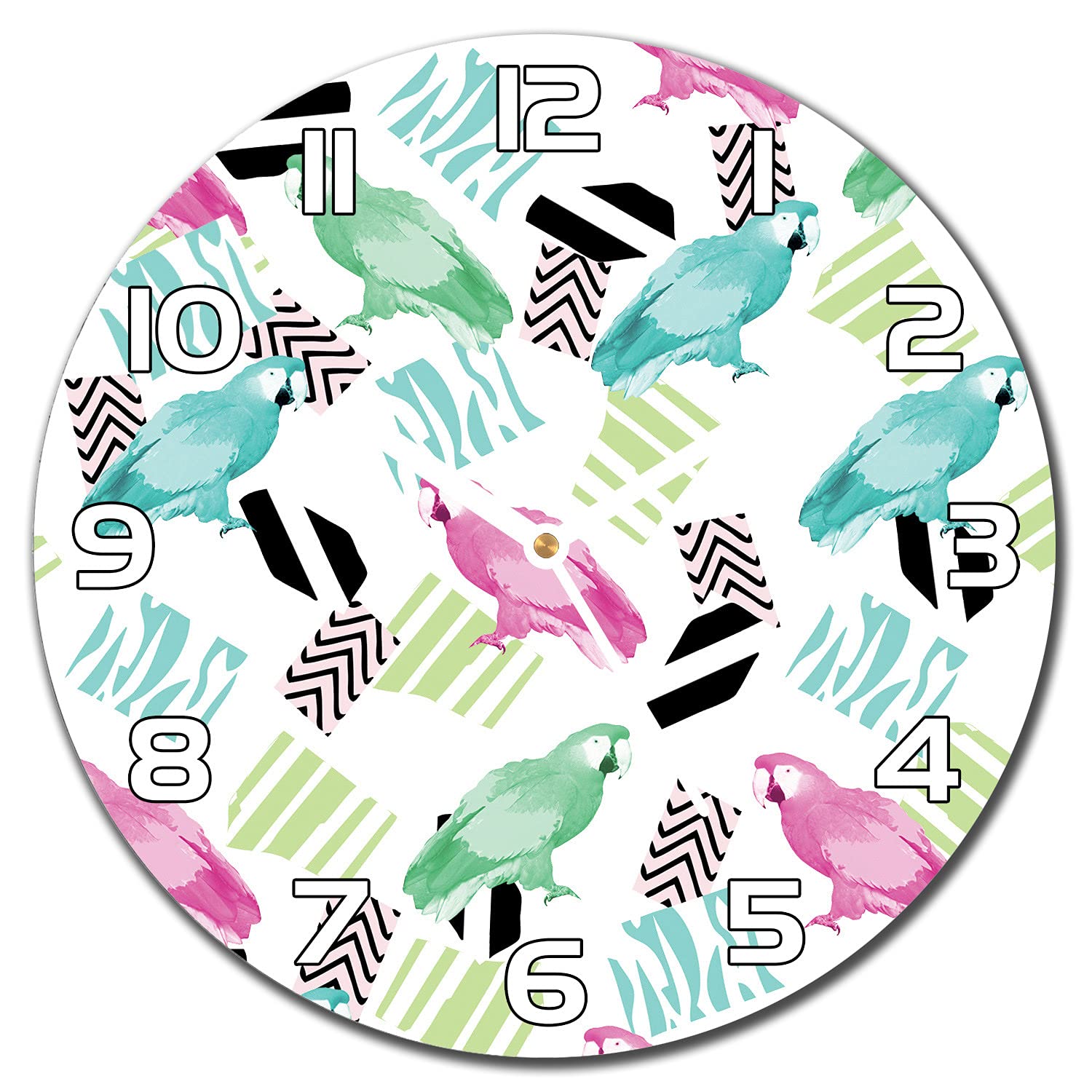 Horloge en verre murale 30 cm moderne avec aiguilles blanches et motif perroquets pour salon