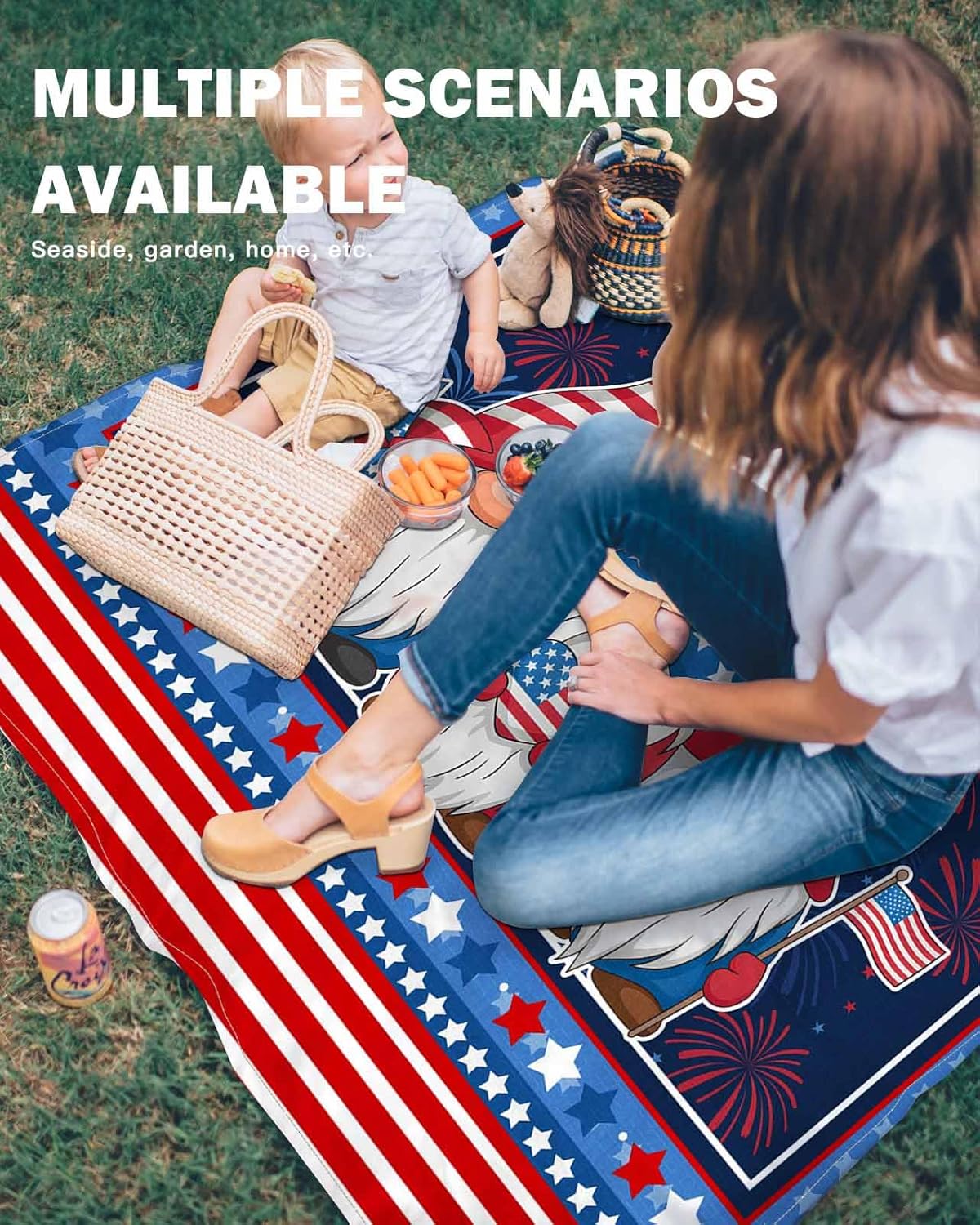 Teamery Beach Blanket 95x80in Gnome Independence Day Stars Red Stripes Waterproof Sandproof Mat, Love USA Flag Outdoor Picnic Mat Beach Accessories for Travel Camping Hiking