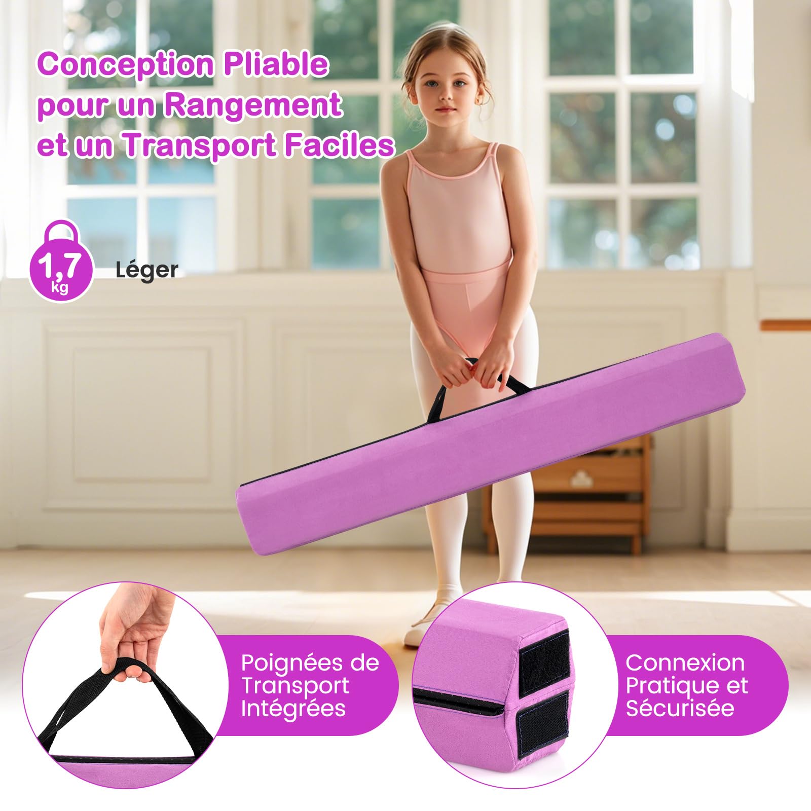 GYMAX Poutre Gymnastique Pliable 210cm, Poutre d'Équilibre Enfant, Revêtement Doux en Daim, Fond Antidérapant, Poignée de Transport, Équipement d'Entraînement à Domicile pour Débutants