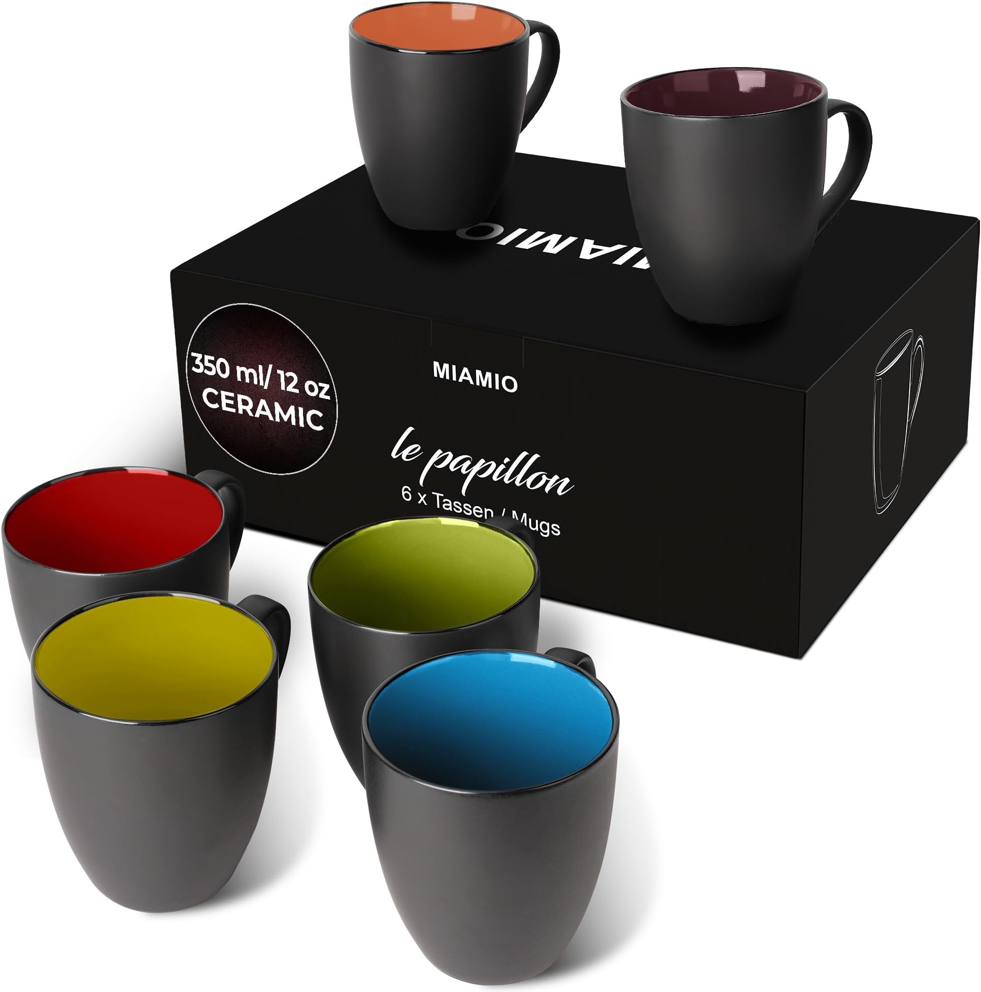 MiaMio -6 x 350 ml Stoneware Coffee Mug/Cup Set Outside Black Inside Colorful (Blue, Red, Green, Multicolor) (Colorful)