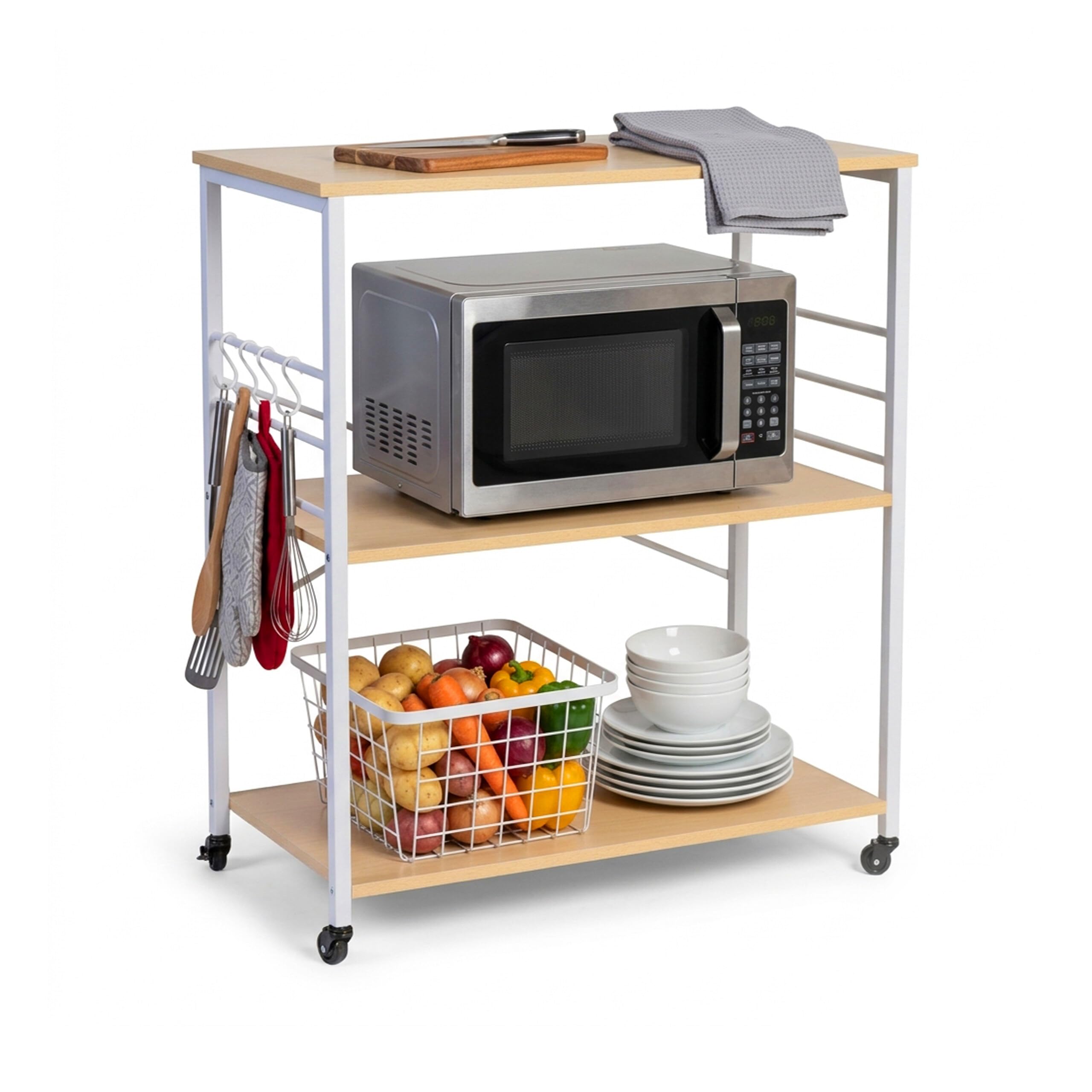Relaxdays Carrello da Cucina, 3 Ripiani, 6 Ganci S, HxLxP: 89x80x40 cm, MDF & Acciaio, Naturale/Bianco