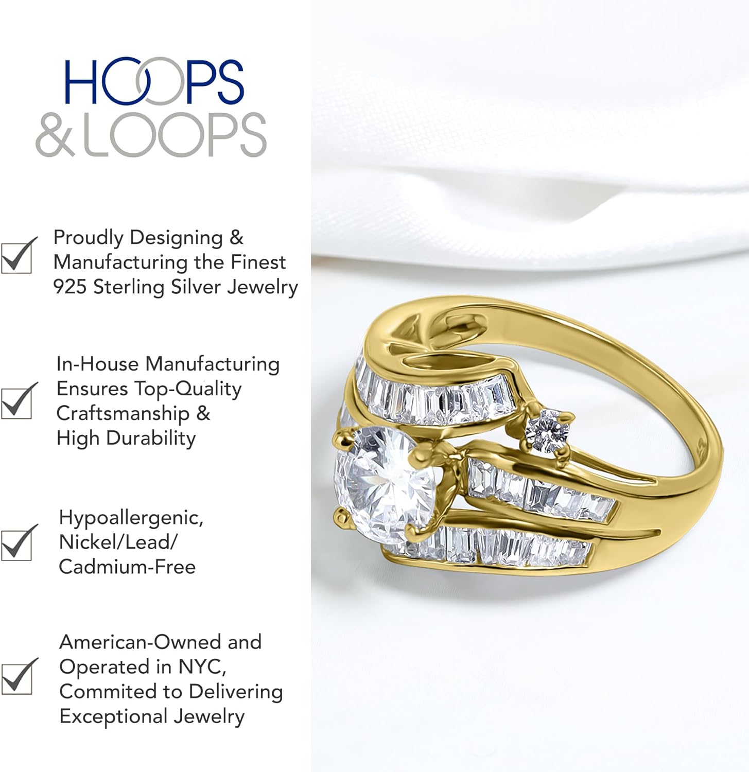Hoops & Loops 925 Sterling Silver Cubic Zirconia Channel Set Triple Row Stunning Fashion Statement Wedding Bridal Anniversary Ring for Women, Silver, Yellow Gold