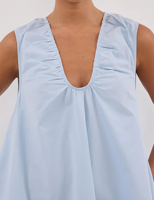 Ardrem Women Summer Sleeveless Babydoll Mini Dress Scoop Neck Loose Fit Tank Dresses Party Ruched Short Dress with Pockets Blue by Ardrem - Used condition - Image 2