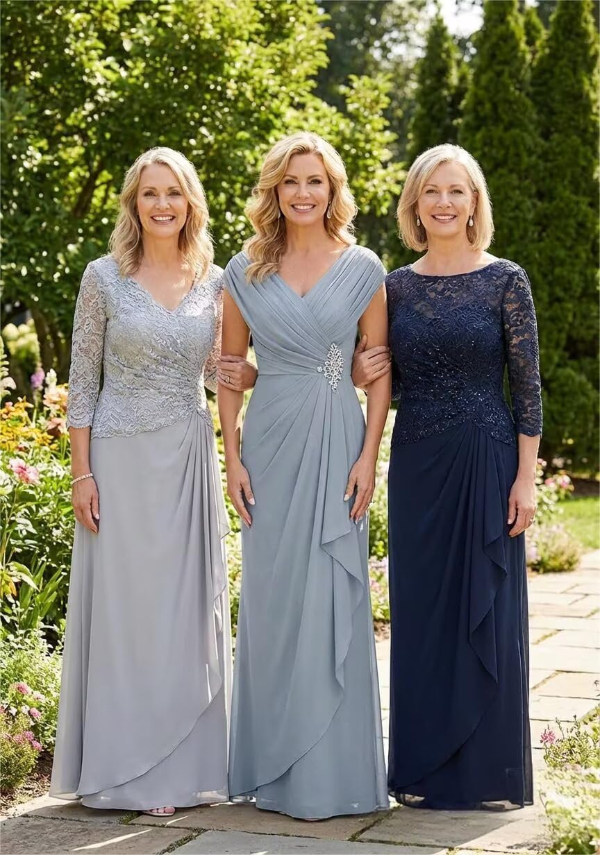 Cap Sleeve Mother of The Bride Dresses for Women with Applique Chiffon Pleated V Neck Long Formal Dress