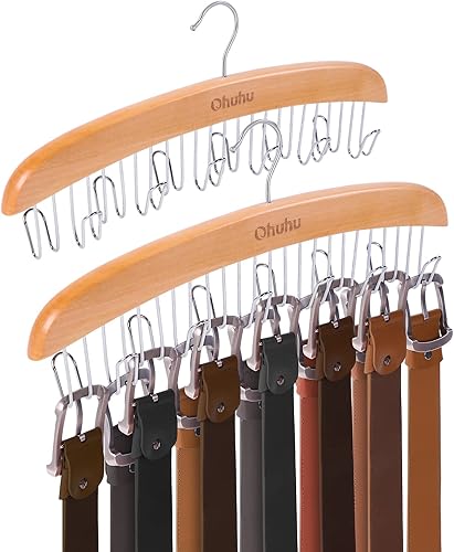Ohuhu Organizador de cinturón para armario, paquete de 2 unidades, 12 ganchos, máximo 36 cinturones, soporte de cinturón de madera para