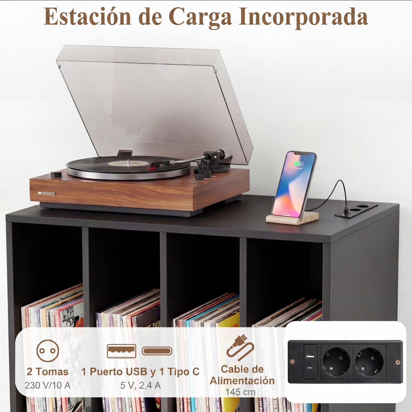 COSTWAY Mueble para Tocadiscos con Estación de Carga, Mesa para Tocadiscos con 4 Compartimentos Abiertos para Vinilos, Patas Metálicas, Mesa Auxiliar para Discos y Álbumes, Salón, Oficina (Negro)