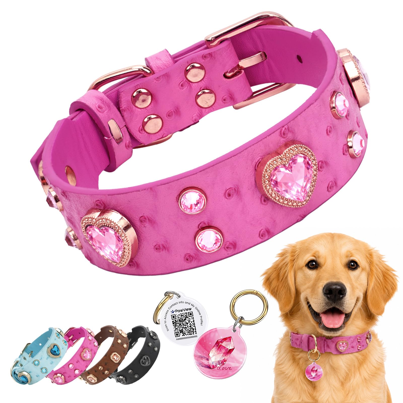 Collar de perro personalizado con placa de identificación por QR para perro, collar de cuero con diamantes de imitación brillantes, resistente y suave, ajustable para perros pequeños, medianos y