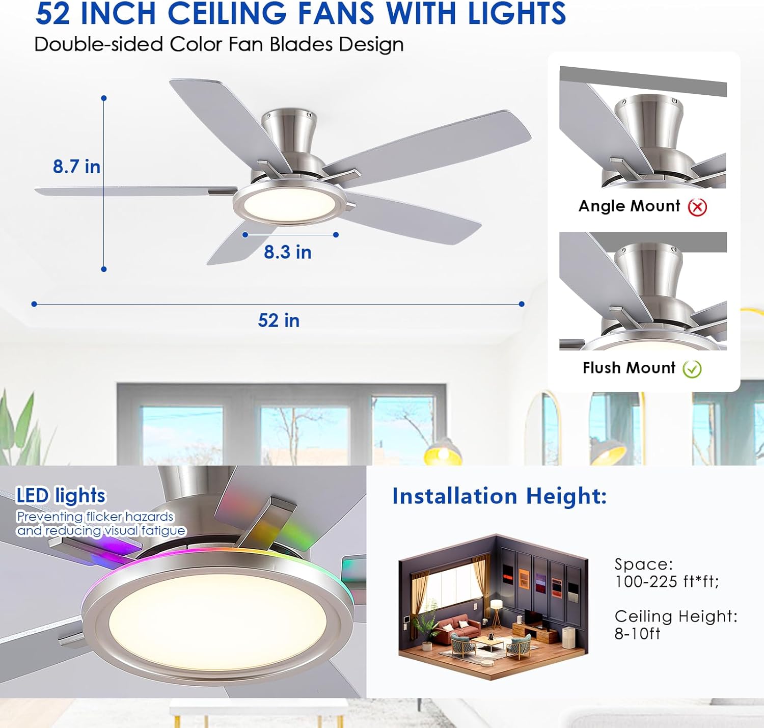 BYKISTOK 52" RGB Ceiling Fan with Light and Remote/App - Flush Mount Ceiling Fan Light with Reversible Mute Motor, RGB Ring, 5 Dual-Sided Blades, Low Profile Ceiling Fans for Indoor, Party