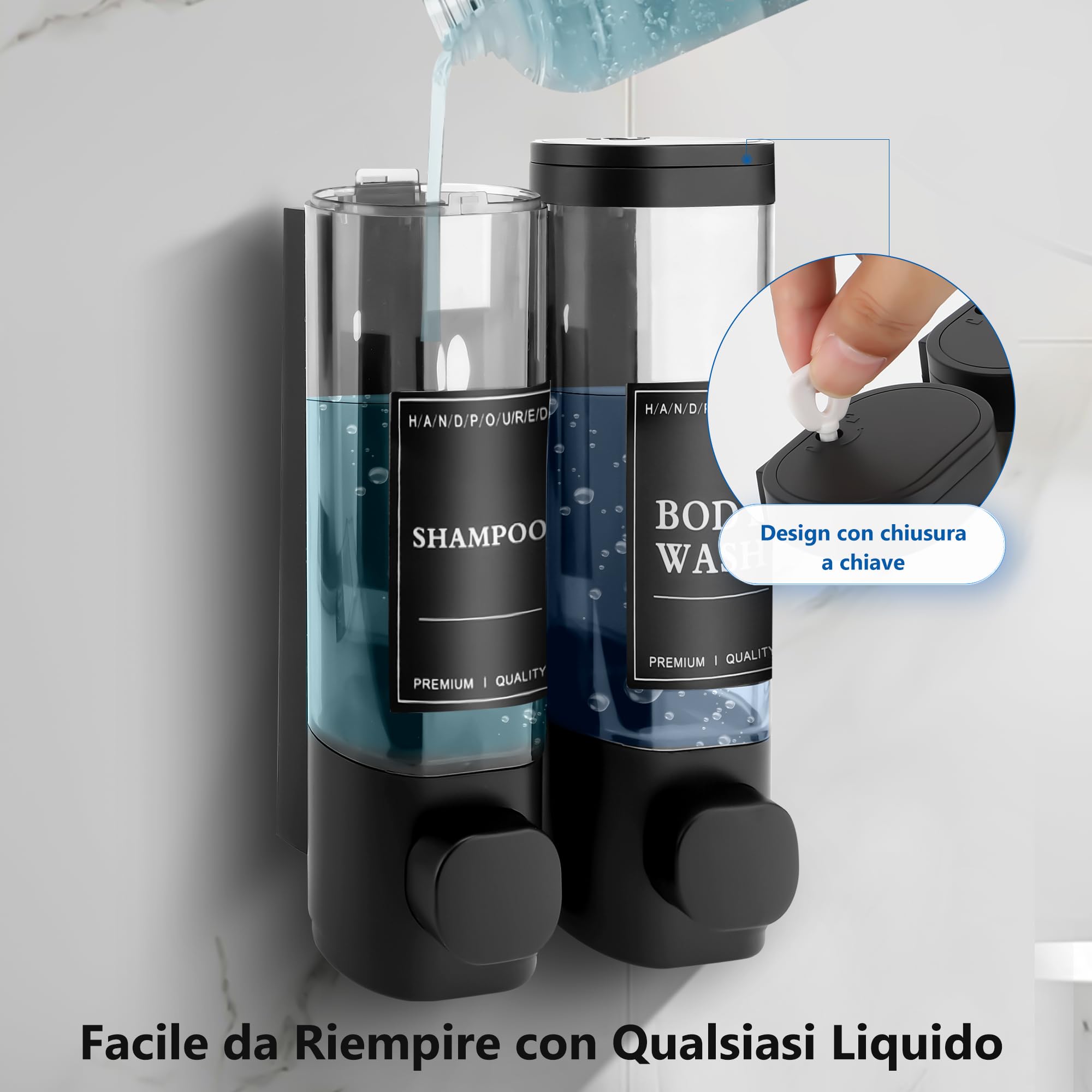 Dispenser Sapone Bagno, Dispenser Di Sapone Da Parete Mani Con Etichetta Impermeabile Per Cucine Bagni (Nero, 2x300ml)