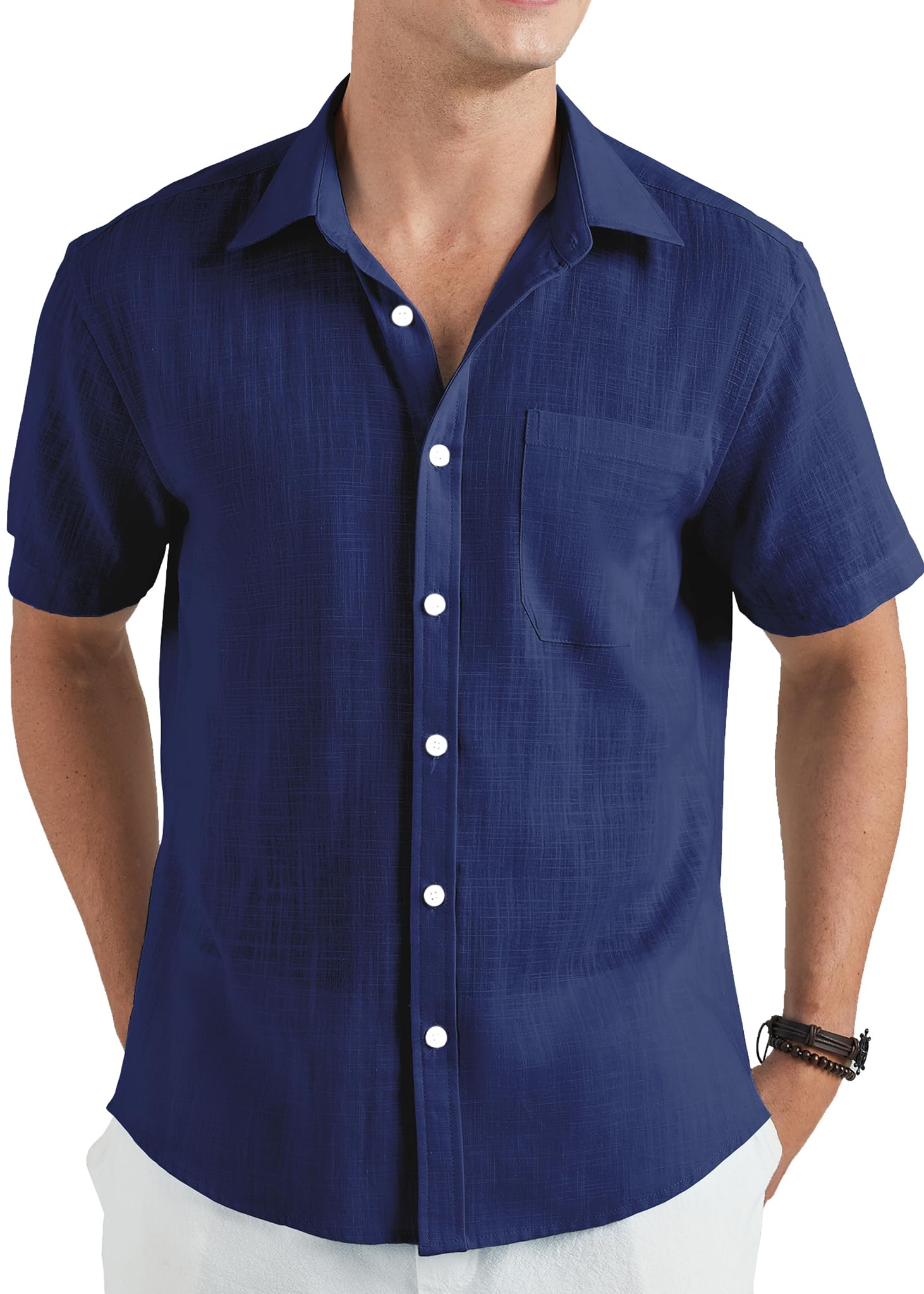 HISDERN Camisa Lino Hombre Manga Corta Casual Verano Color Sólido Camisas Elegante Algodón Camisa con Bolsillo con Botónes Shirt Regular Fit