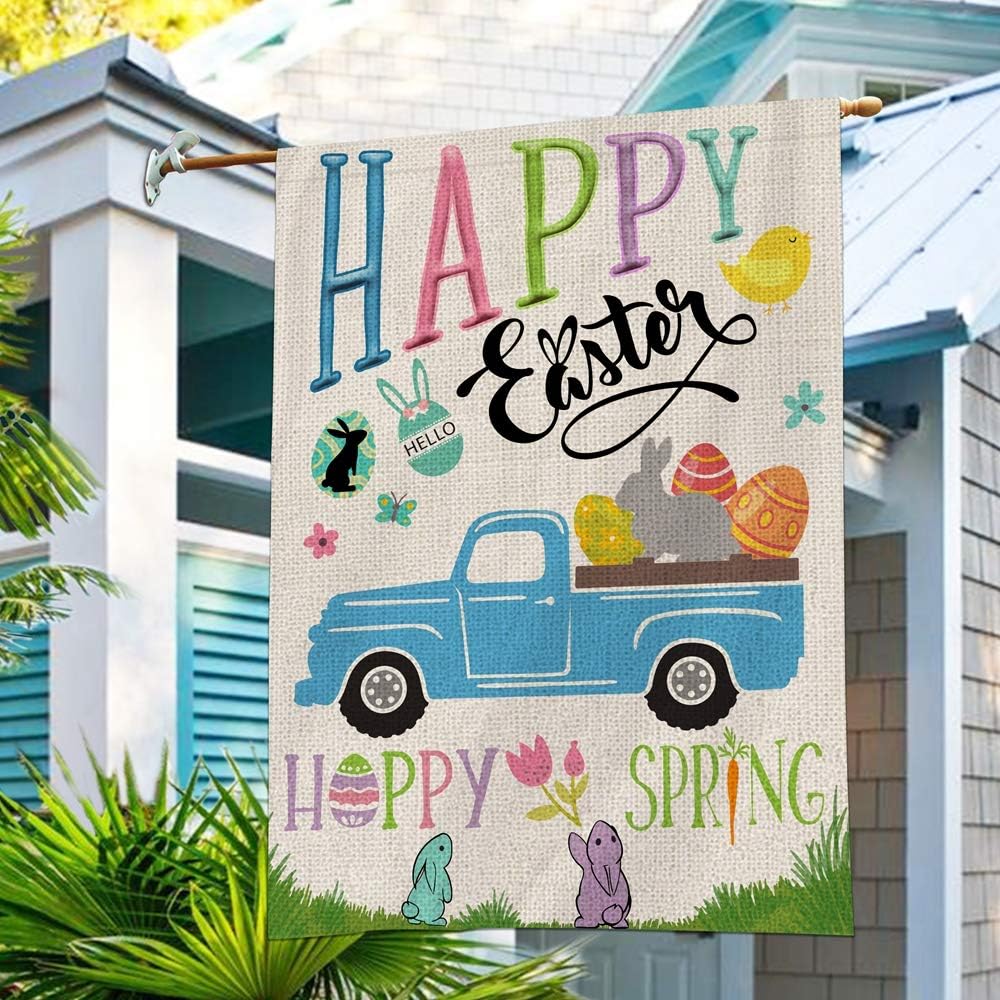 Bonsai Tree Easter Flags 28 x 40 Double Sided, Happy Easter Spring Burlap Garden Flag, Fram Truck Carries Easter Bunny Eggs Banners Yard Decorations Gifts