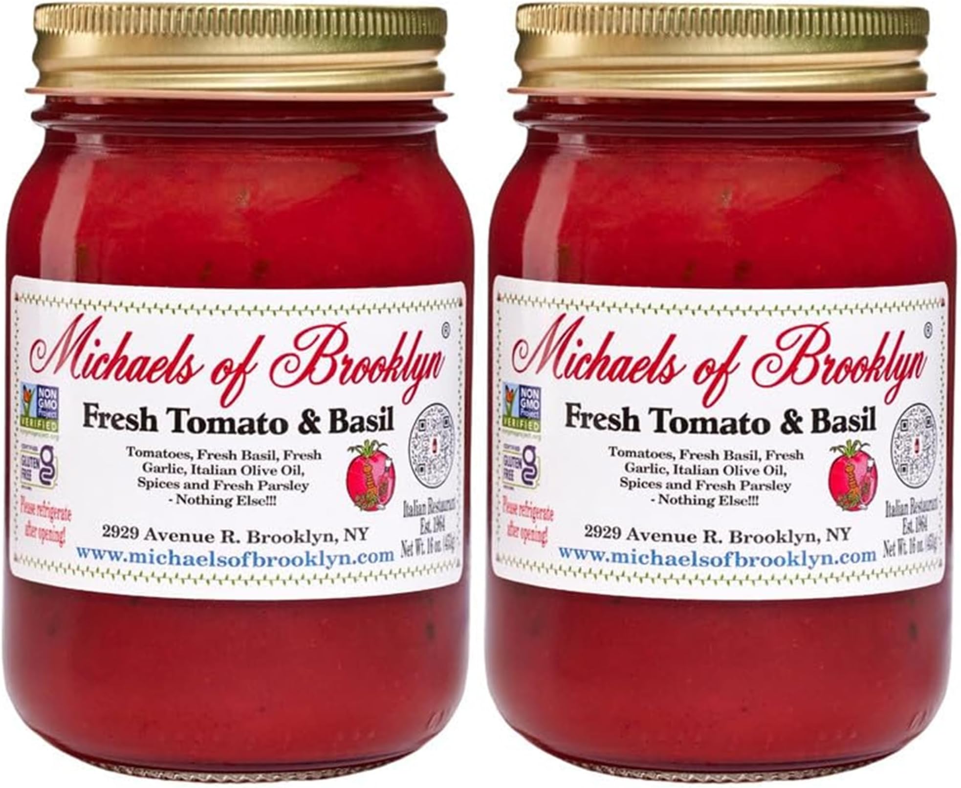 Michael's of Brooklyn Fresh Tomato & Basil Sauce, 16 oz Jar (Pack of 2) - Gourmet Italian Pasta Sauce with Imported Italian Tomatoes, Olive Oil, Garlic and Parsley - Gluten Free and Non-GMO