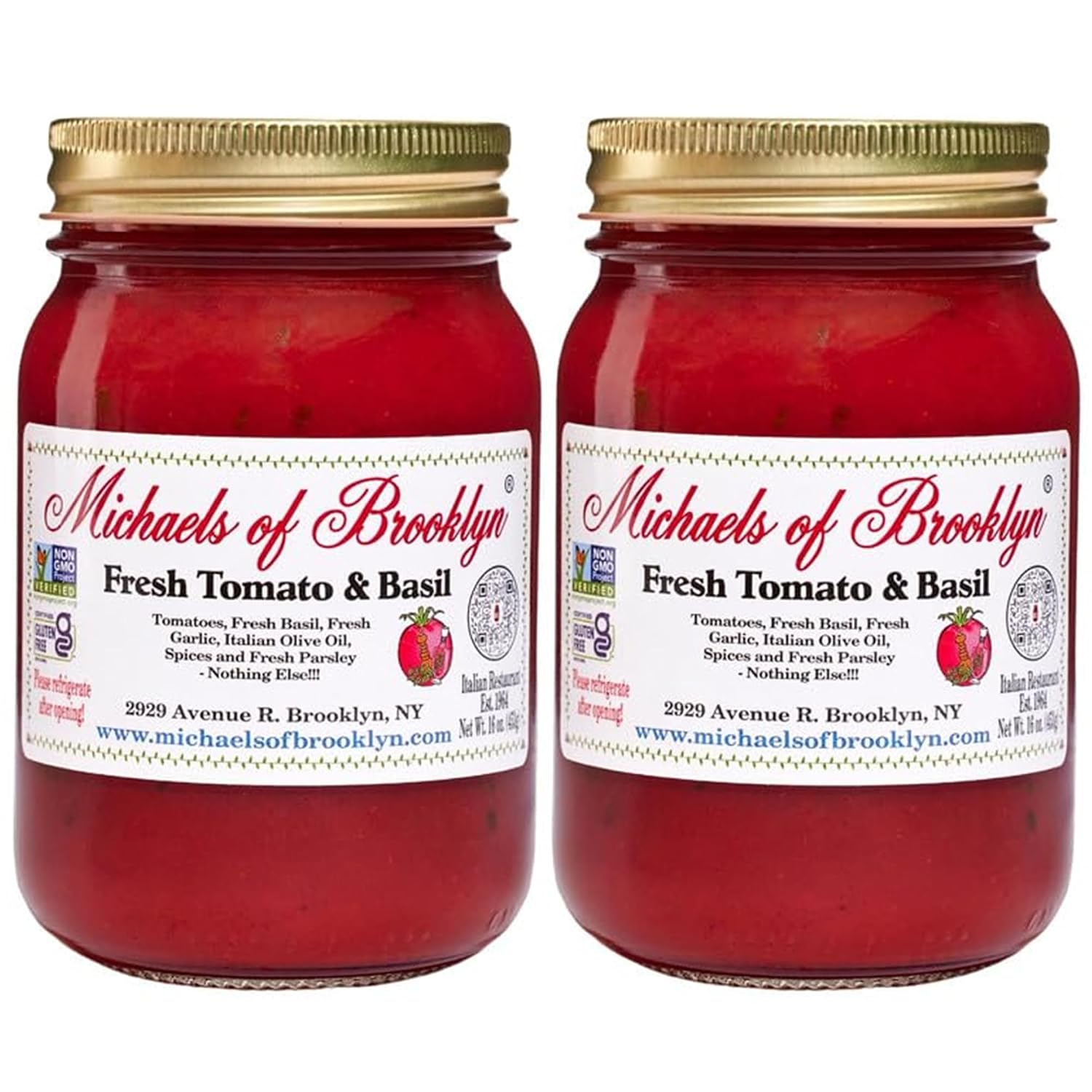 Michael's of Brooklyn Fresh Tomato & Basil Sauce, 16 oz Jar (Pack of 2) - Gourmet Italian Pasta Sauce with Imported Italian Tomatoes, Olive Oil, Garlic and Parsley - Gluten Free and Non-GMO
