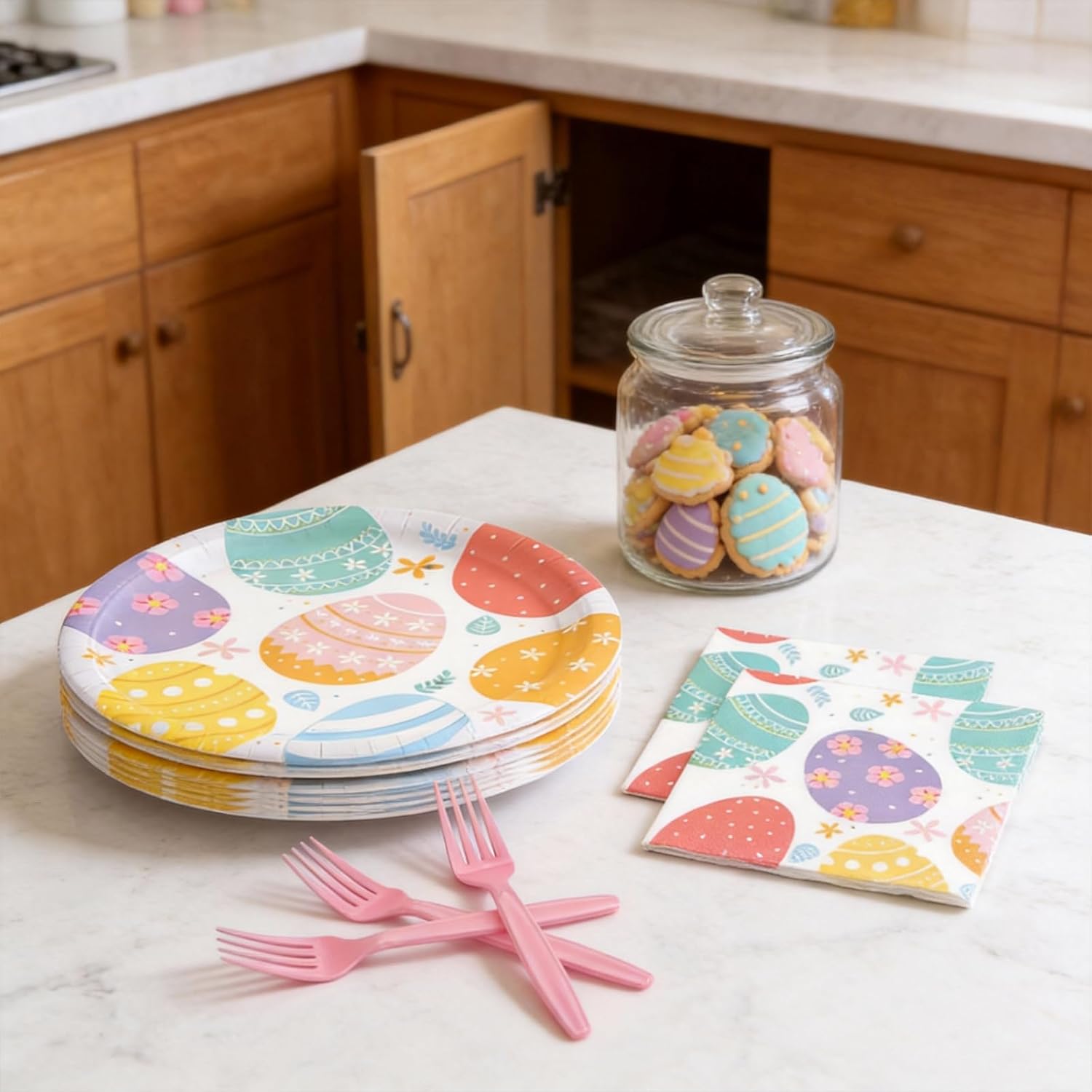96Pcs Easter Tableware Set- Colorful Eggs Pattern Disposable Dinnerware with Paper Plates, Napkins, Forks for Holiday Dinners, Parties, and Spring Celebrations, Serves 24