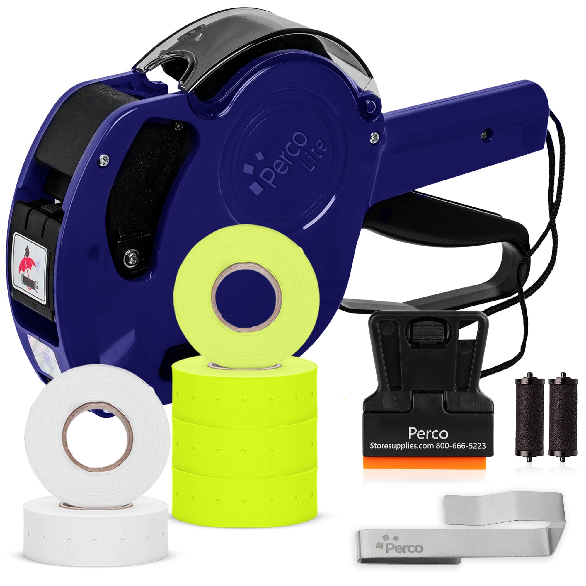 Perco Lite - Pistola prezzatrice a 1 linea con kit di etichette, include 3 rotoli bianchi, 3 rotoli gialli, 2 rulli di inchiostro, 1 rotolo di inchiostro ed etichette precaricate