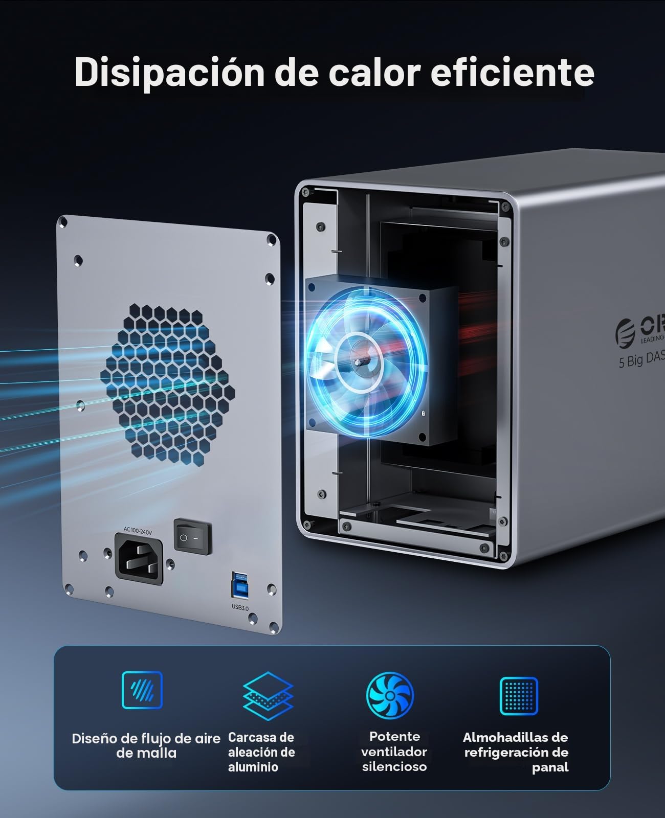 ORICO Caja de Aluminio para 5 Discos Duros de 3,5 Pulgadas hasta 5X 22TB, Fuente de Alimentación de 150W Integrada, con Ventilador, Compatible con MacOS y Windows (9858U3)