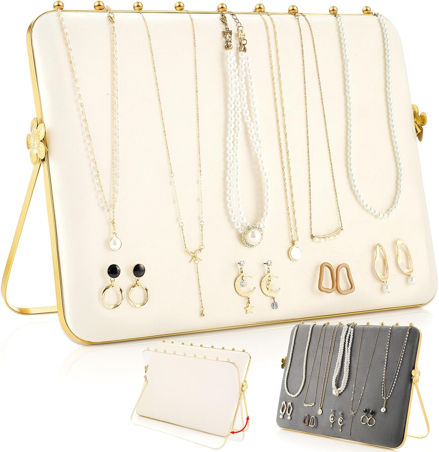 3 Pack Necklace Display Stand for Selling Double-sided Velvet Necklace Organizer Large Metal Chain Holder Stand Beige Grey Chain Jewelry Display for Vendor Craft Show Exhibidores