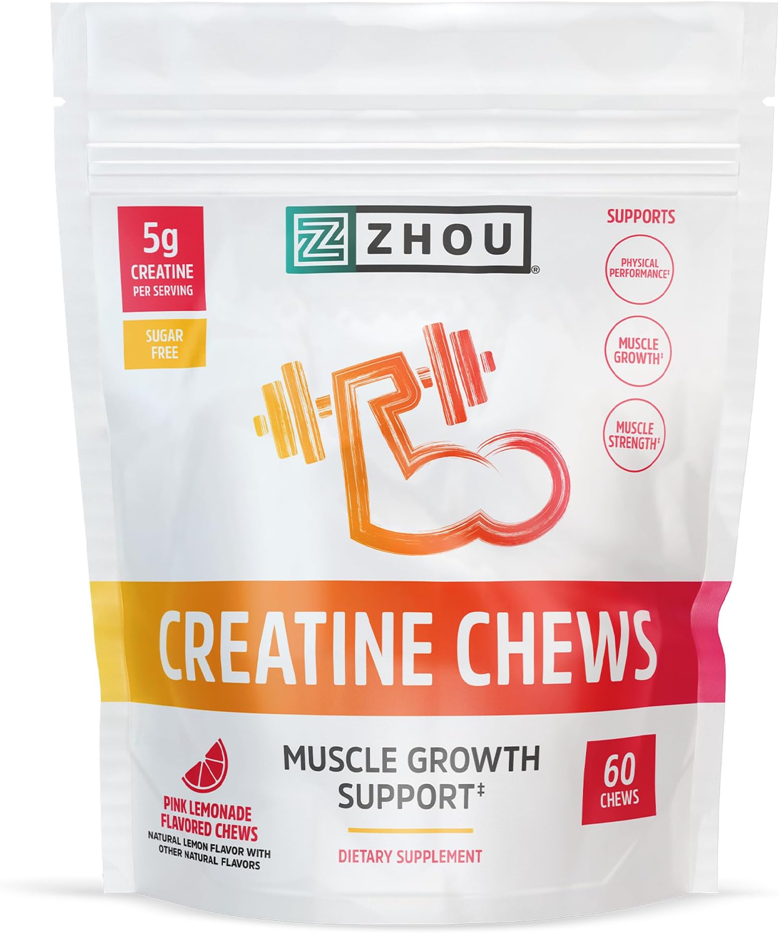 ZHOU Nutrition Creatine Monohydrate Chewables 5g for Men & Women, Sugar Free, Organic, Non GMO, Pink Lemonade, 60 Creatine Gummies