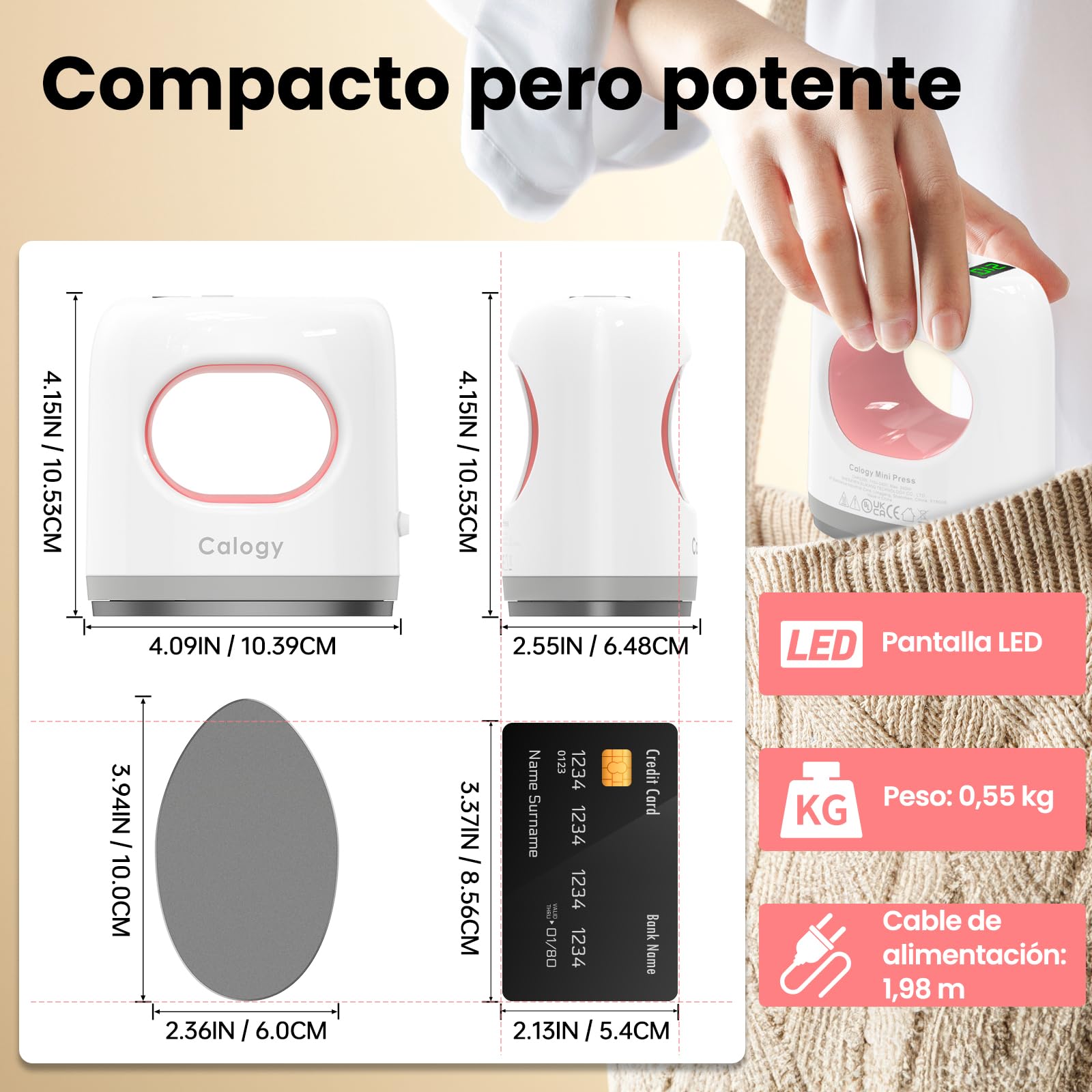 Calogy Prensa térmica Super Mini, 4 ajustes de temperatura máximo 210 °C, pantalla LED, 15 mins apagado automático, mini plancha de precisión para zapatos, gorras, posavasos y parches (Blanco Rosa)