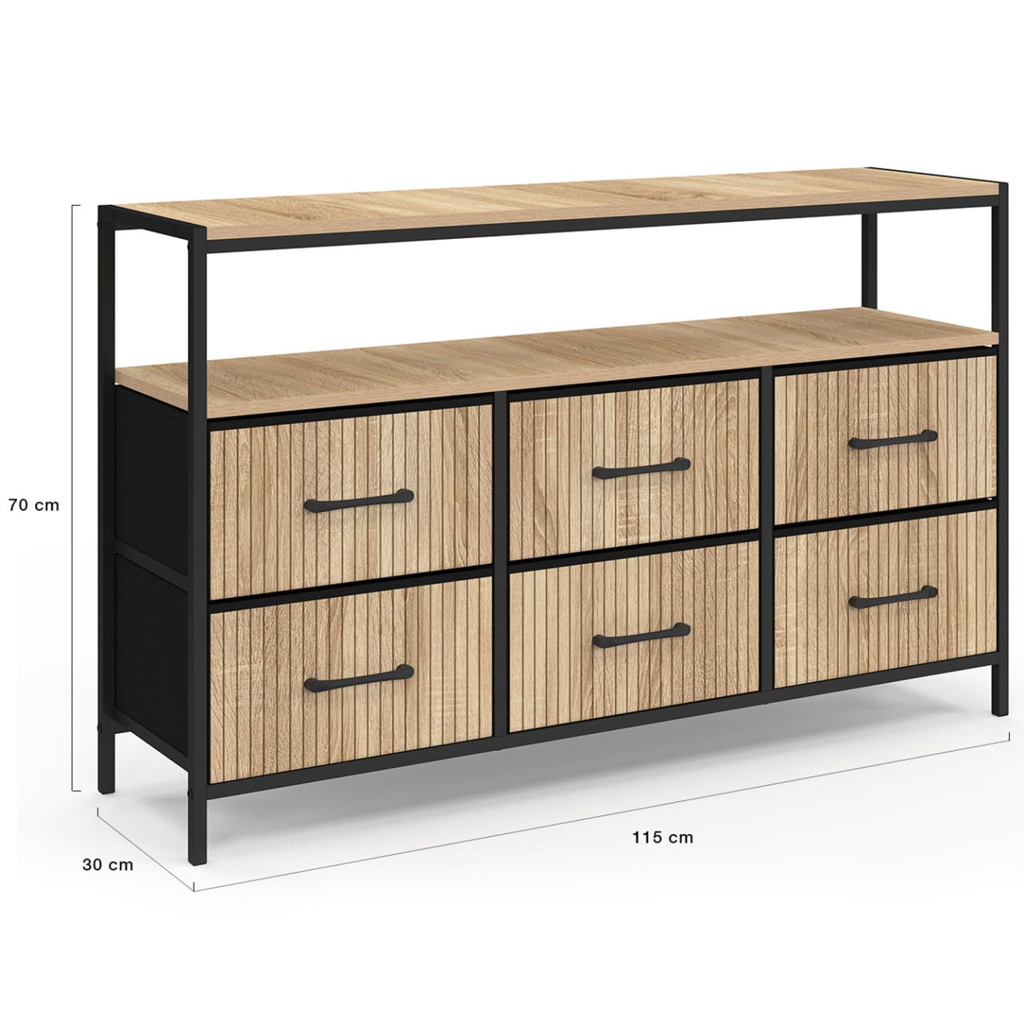 IDMarket - Cómoda con 6 cajones de tela Utah, 115 cm, con nicho efecto lamas, mueble de almacenamiento, diseño industrial