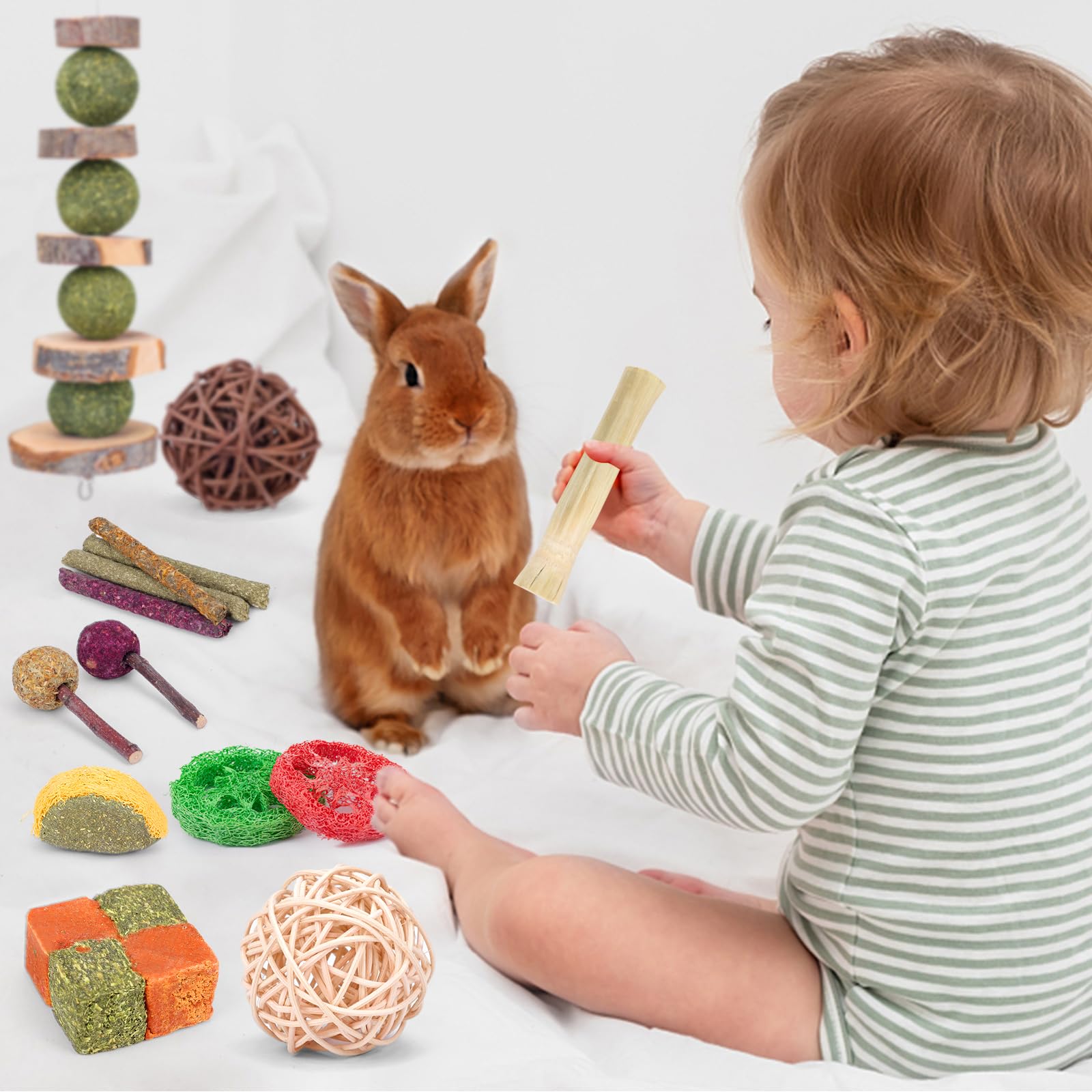 VESPRO Juguetes de Conejo para Conejos, Juguetes de hámster, Juguetes de Conejillo de Indias, palitos de heno Timothy, golosinas Naturales para Masticar y Bolas para Conejo, Conejo, C