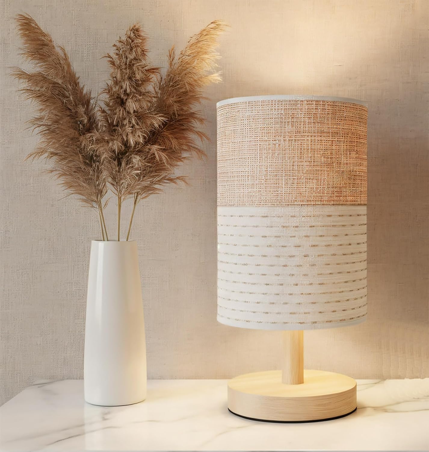 AFORTLO Table Desk Lamp, Small Fabric Boho Decorative Nightstand Night Light Solid Wood Base Lamp for Bedroom,Living Room,End Table or Office with Bulb (Brown Knit Fabric)