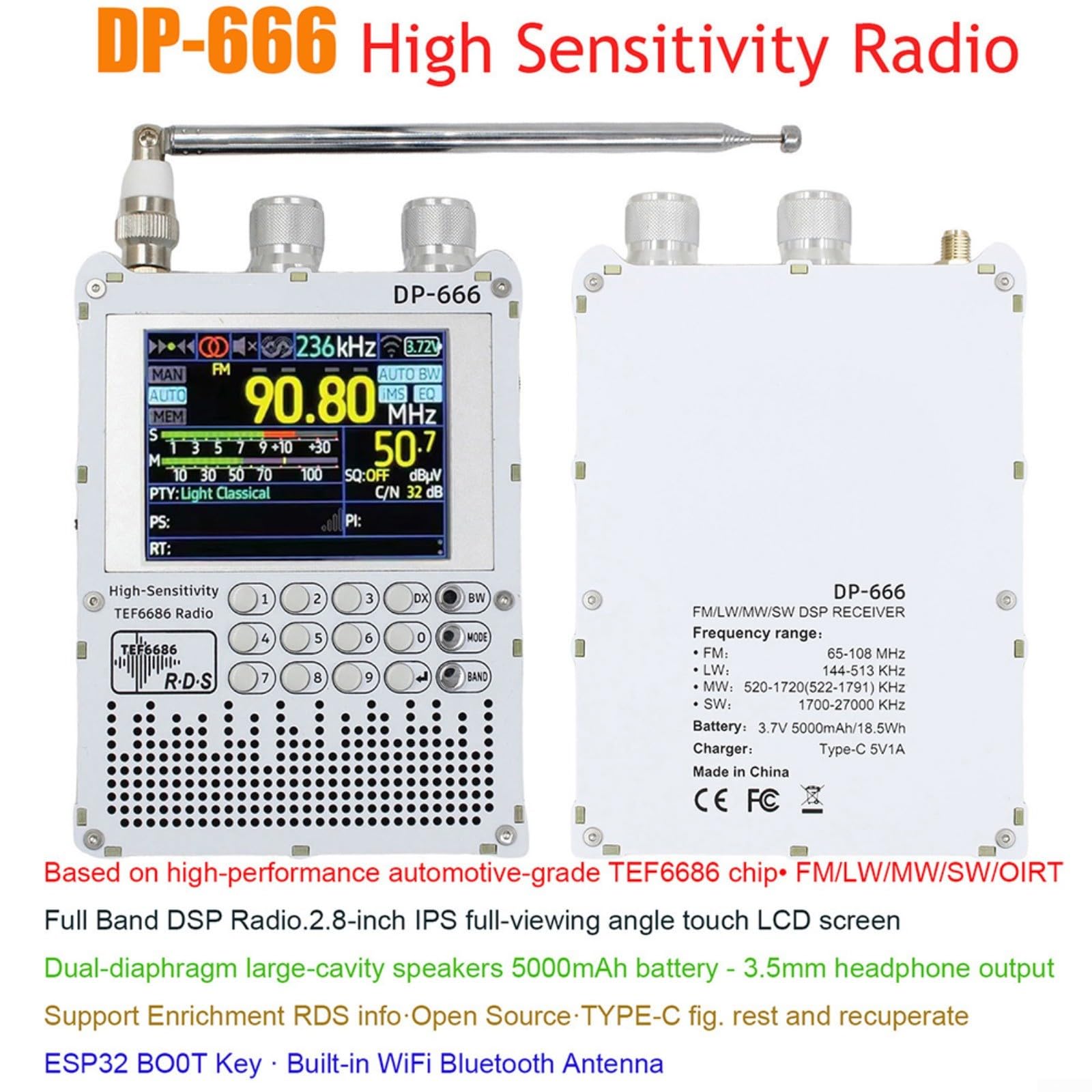 DP-666 TEF6686 Hochempfindliches Radio Vollband-FM-AM-FM-Kurzwellenradio(White1)