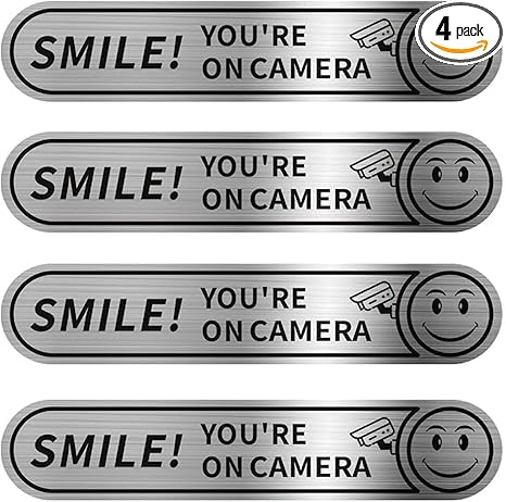 4PCS Smile You're On Camera Stickers for Car, Self-Adhesive Vinyl Decal Stickers, Waterproof Video Surveillance Security Warning Sign Decal for Car Windows, Home, Business (5